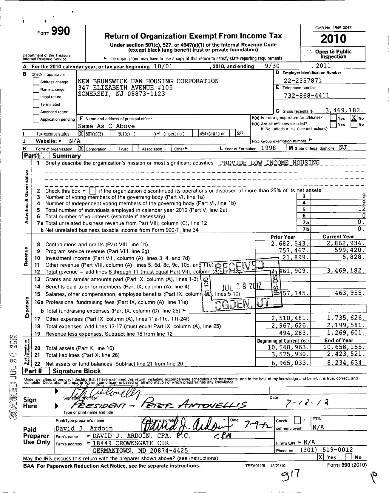 Image of first page of 2010 Form 990 for New Brunswick Uaw Housing Corporation