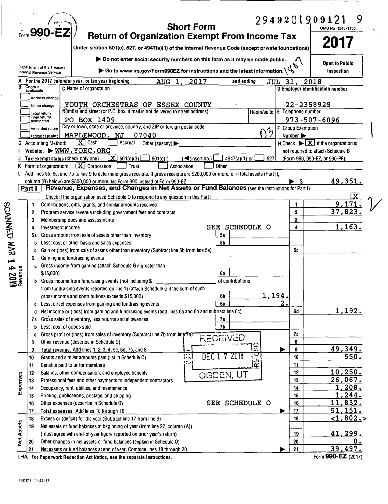 Image of first page of 2017 Form 990EZ for Youth Orchestras of Essex County