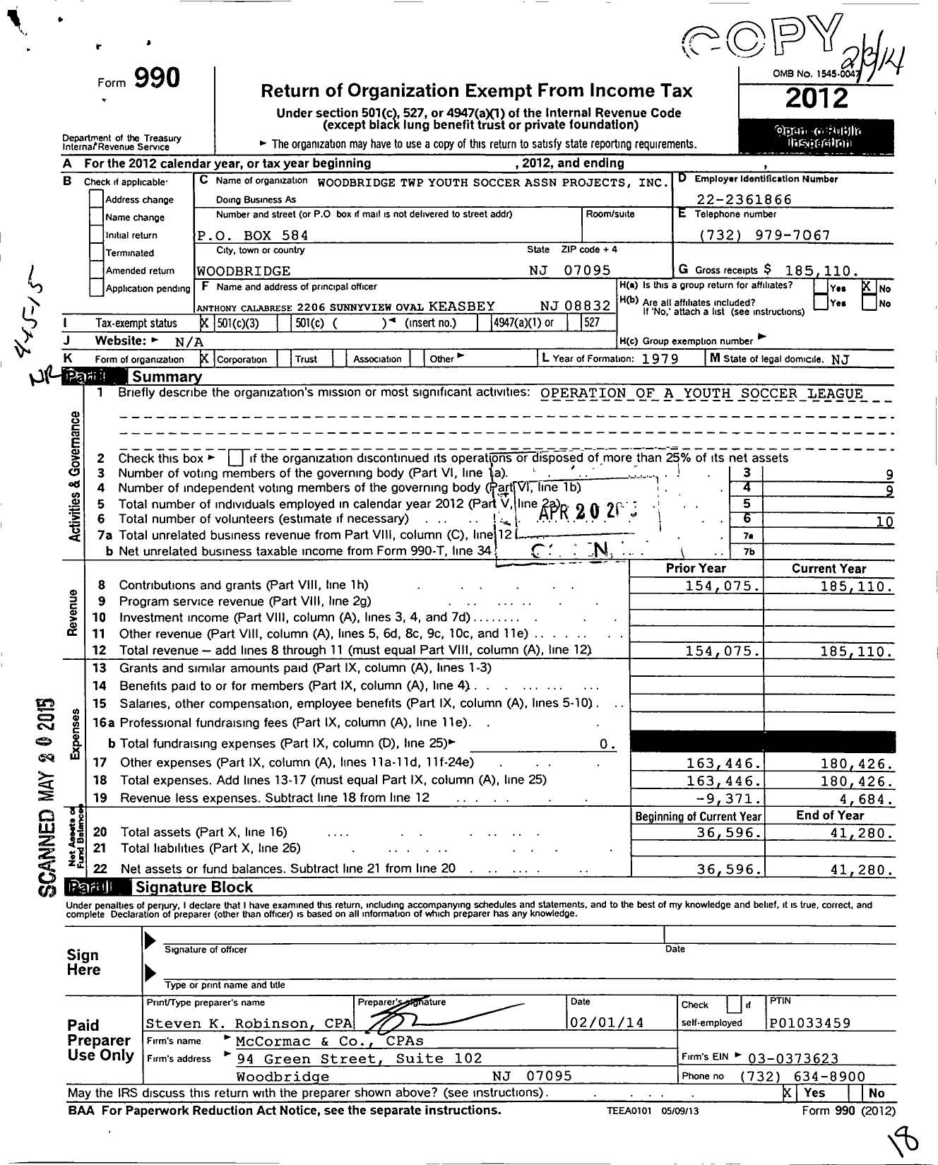 Image of first page of 2012 Form 990 for Woodbridge Township Youth Soccer Association