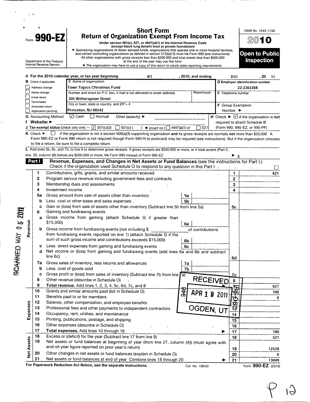 Image of first page of 2010 Form 990EZ for Town Topics Christmas Fund