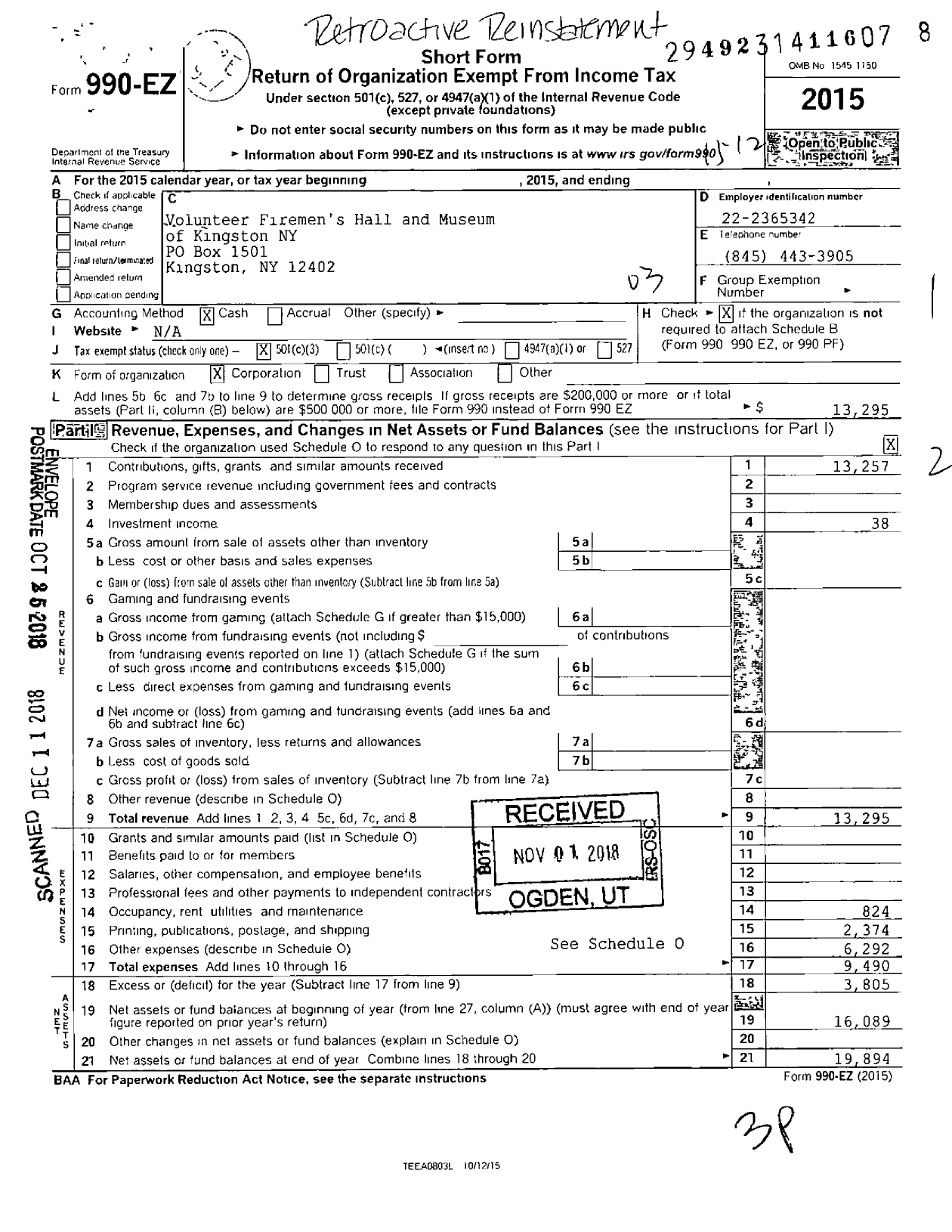 Image of first page of 2015 Form 990EZ for Volunteer Firemans Hall and Museum of Kingston