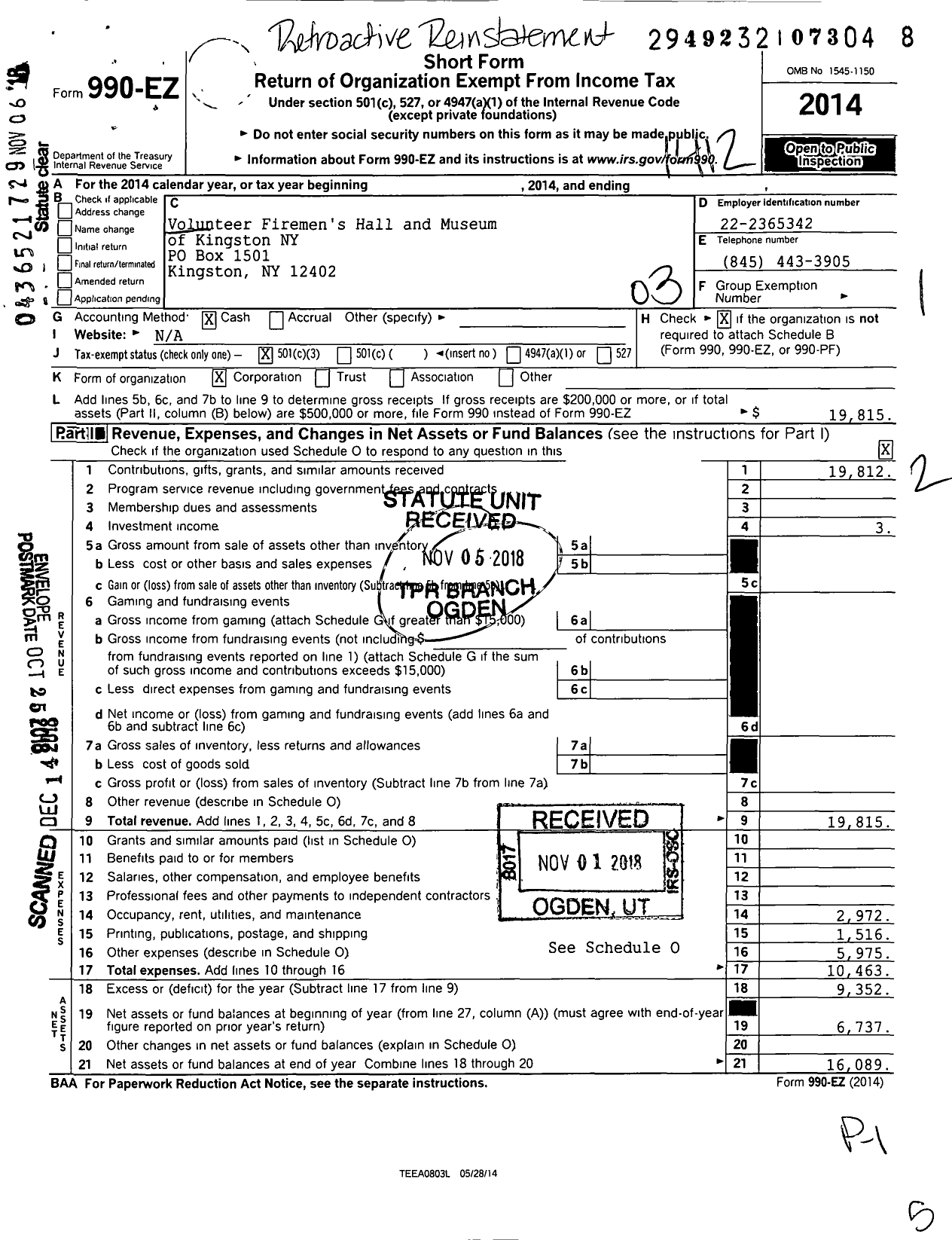 Image of first page of 2014 Form 990EZ for Volunteer Firemans Hall and Museum of Kingston