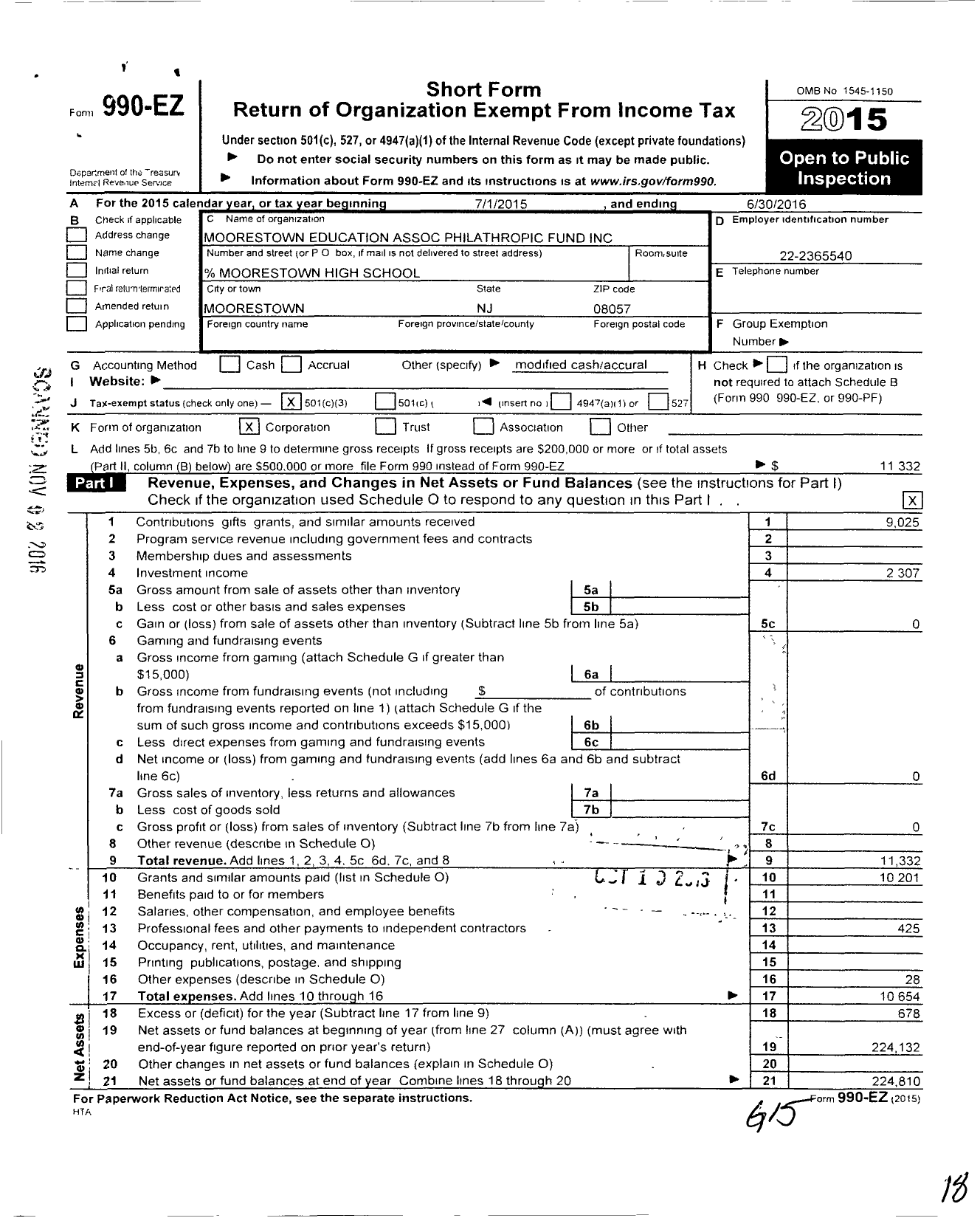 Image of first page of 2015 Form 990EZ for Moorestown Education Association Philanthropic Fund
