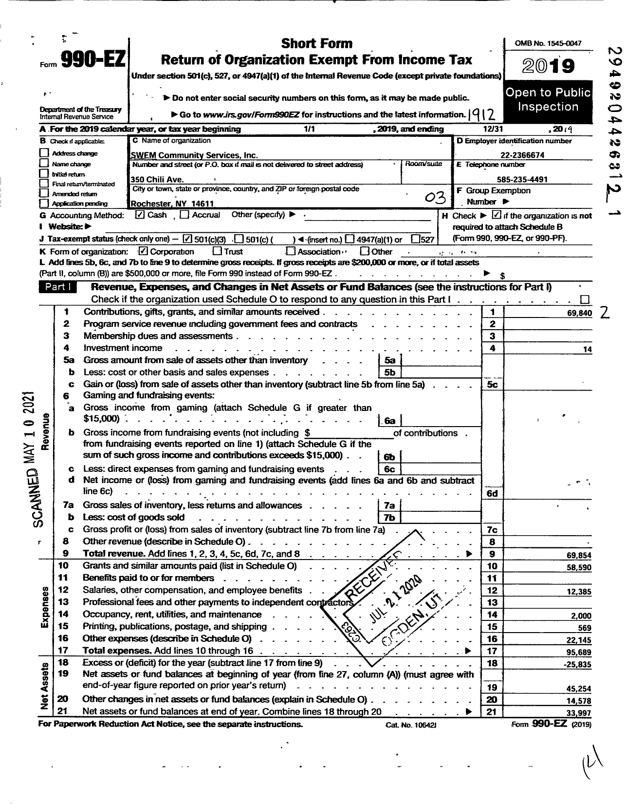 Image of first page of 2019 Form 990EZ for Swem Community Services