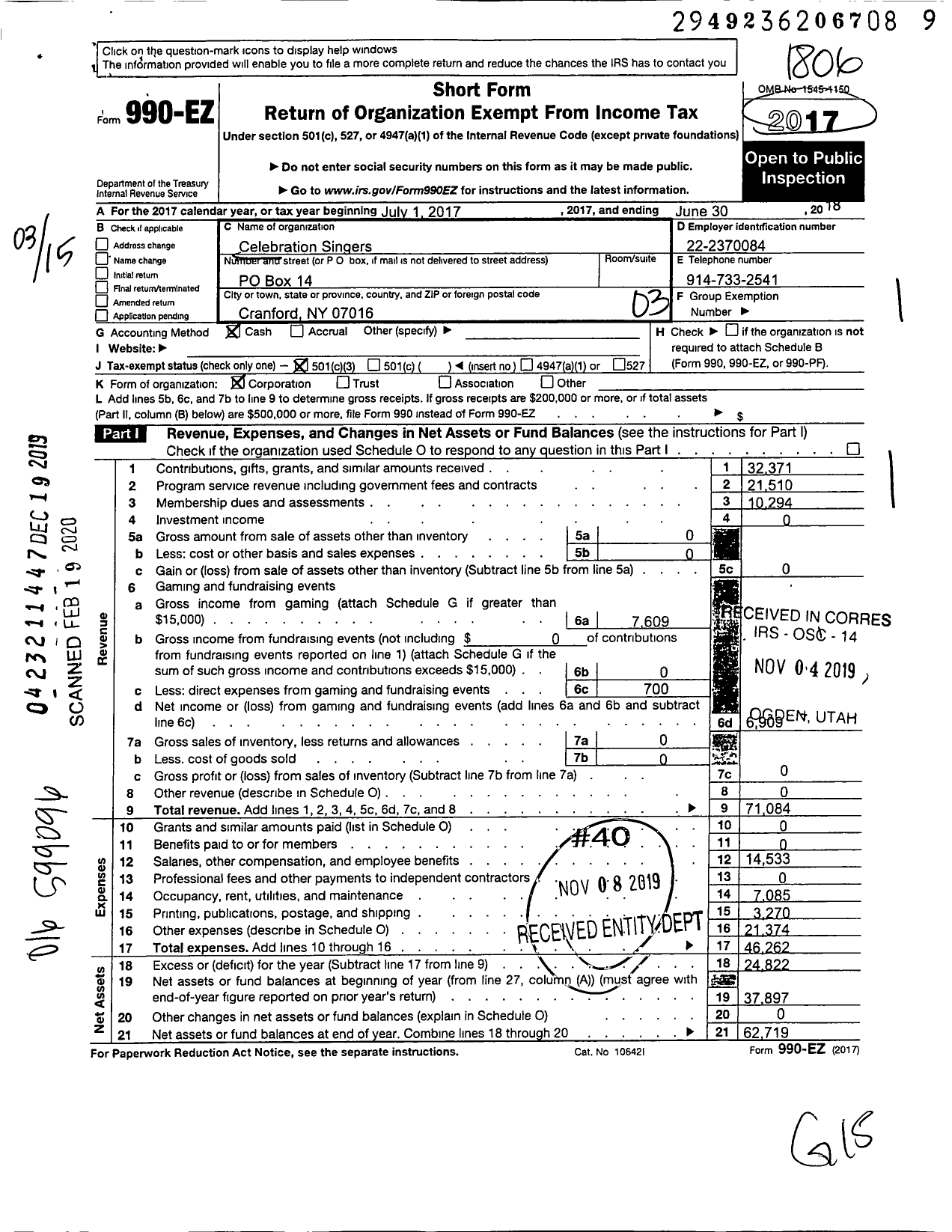 Image of first page of 2017 Form 990EZ for Celebration Singers