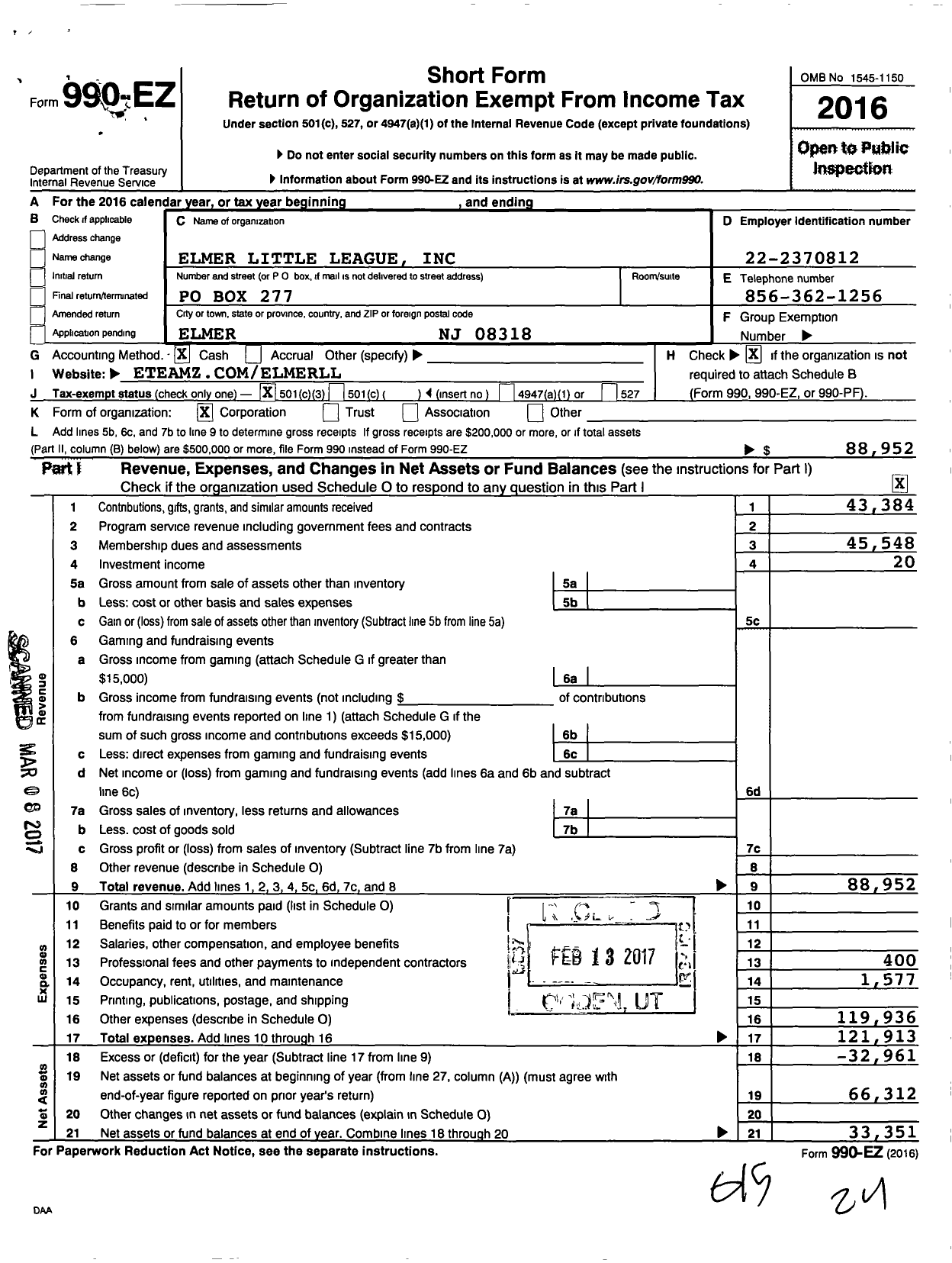 Image of first page of 2016 Form 990EZ for Elmer Little League