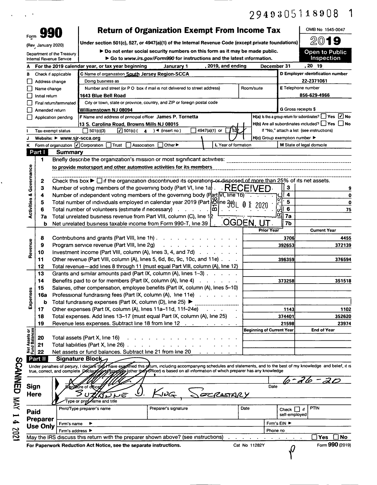 Image of first page of 2019 Form 990O for South Jersey Region - Region-Scca