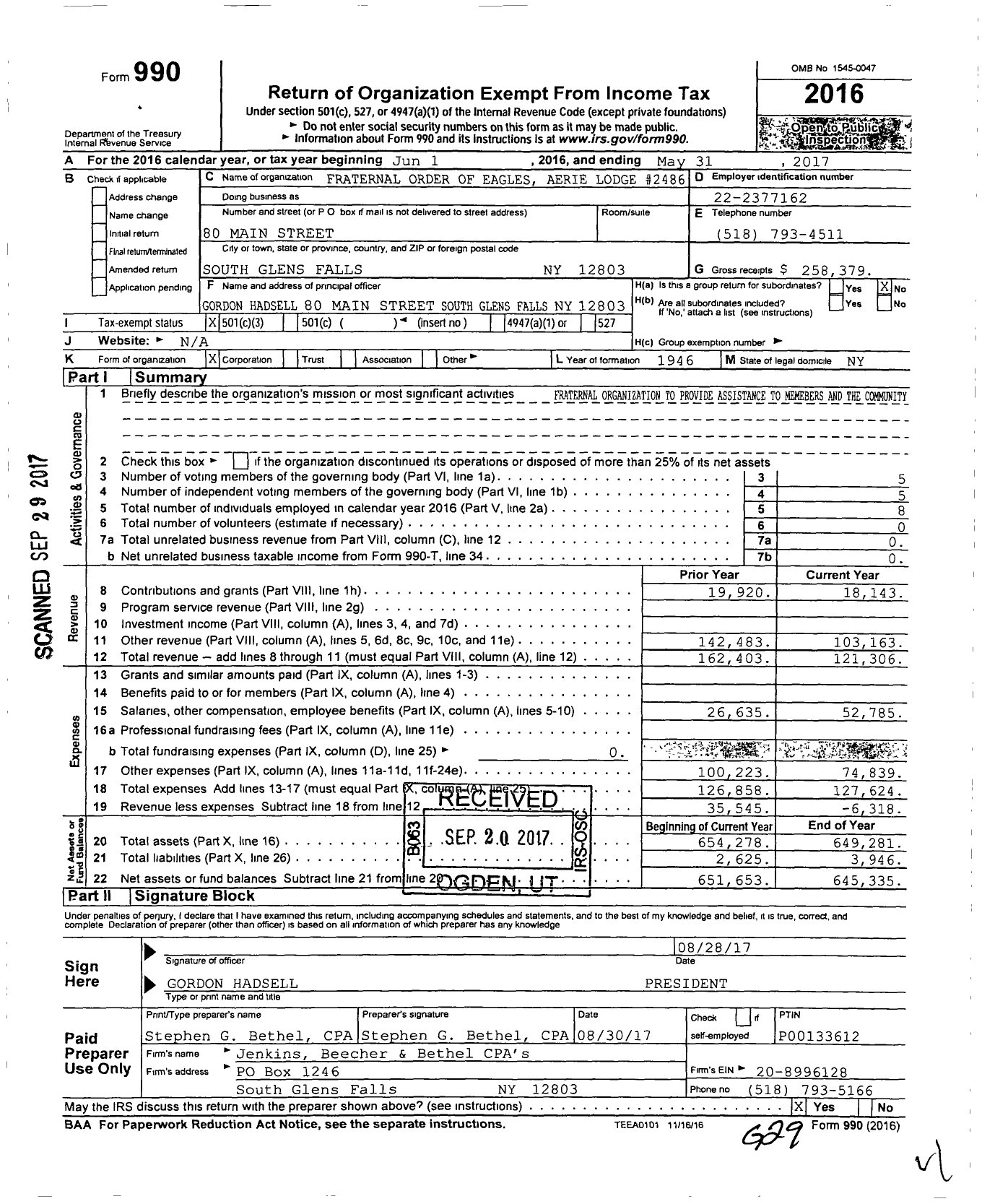 Image of first page of 2016 Form 990 for Fraternal Order of Eagles Aerie Lodge 2486