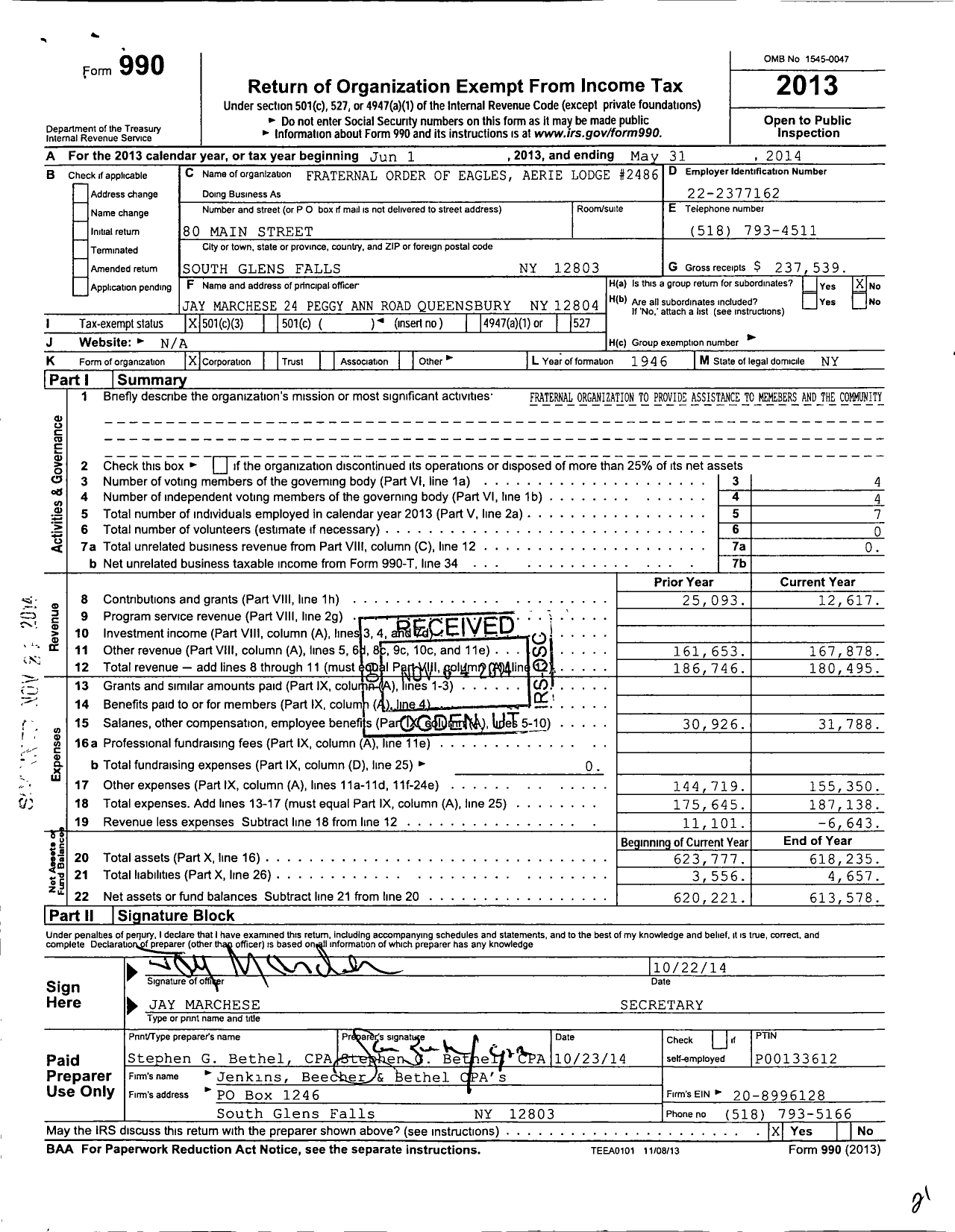 Image of first page of 2013 Form 990 for Fraternal Order of Eagles Aerie Lodge 2486