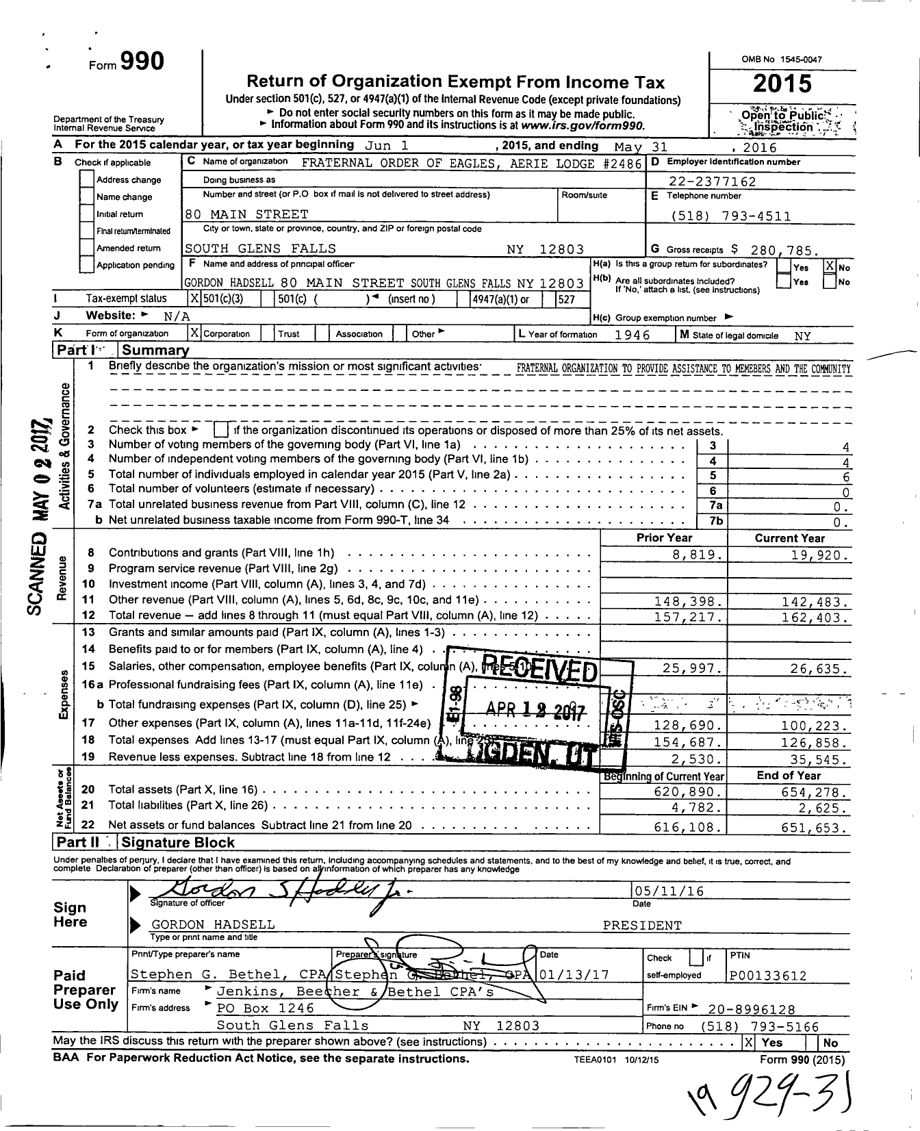 Image of first page of 2015 Form 990 for Fraternal Order of Eagles Aerie Lodge 2486