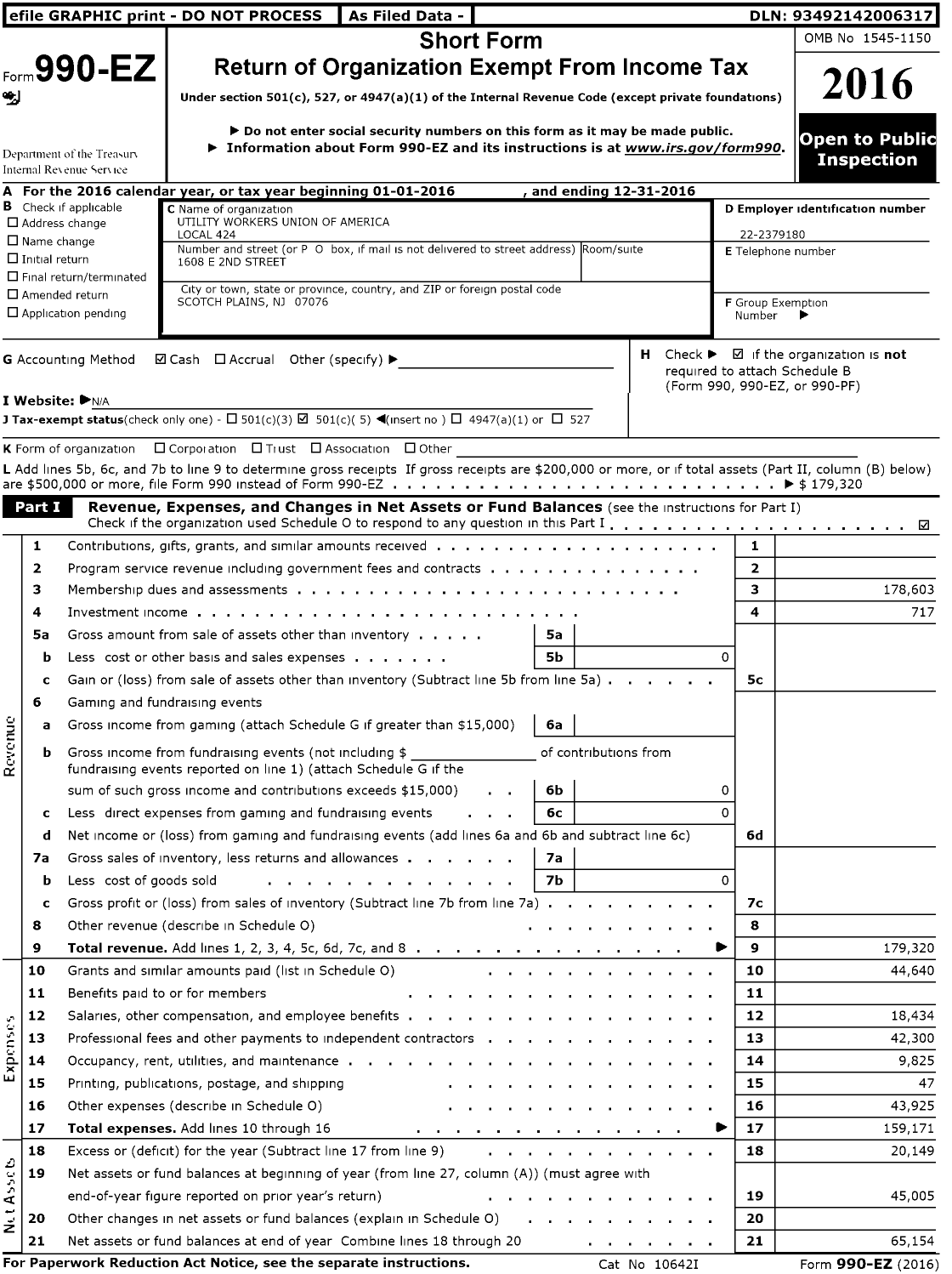 Image of first page of 2016 Form 990EO for Utility Workers Union of America - 424 Uwua