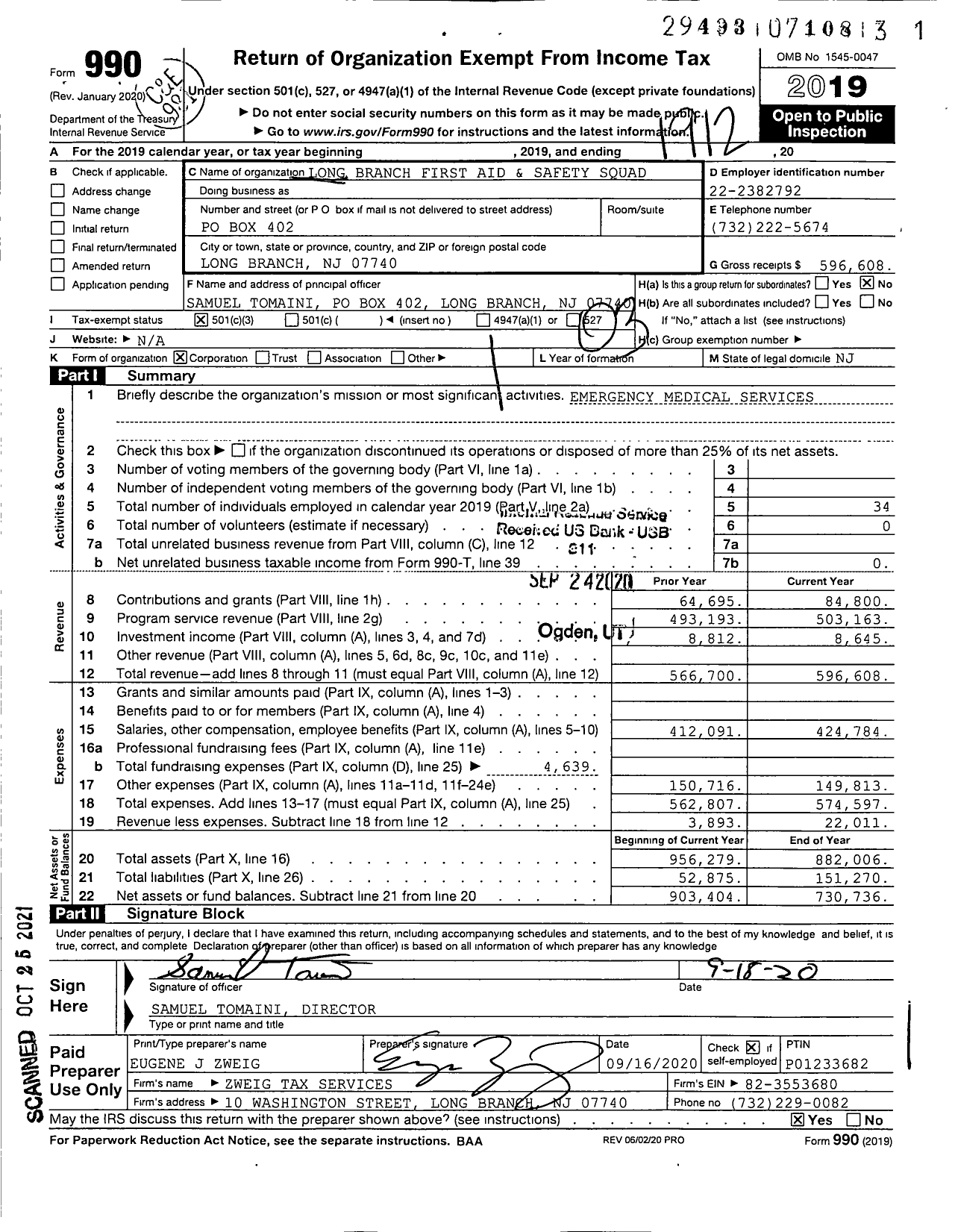 Image of first page of 2019 Form 990 for Long Branch First Aid and Safety Squad