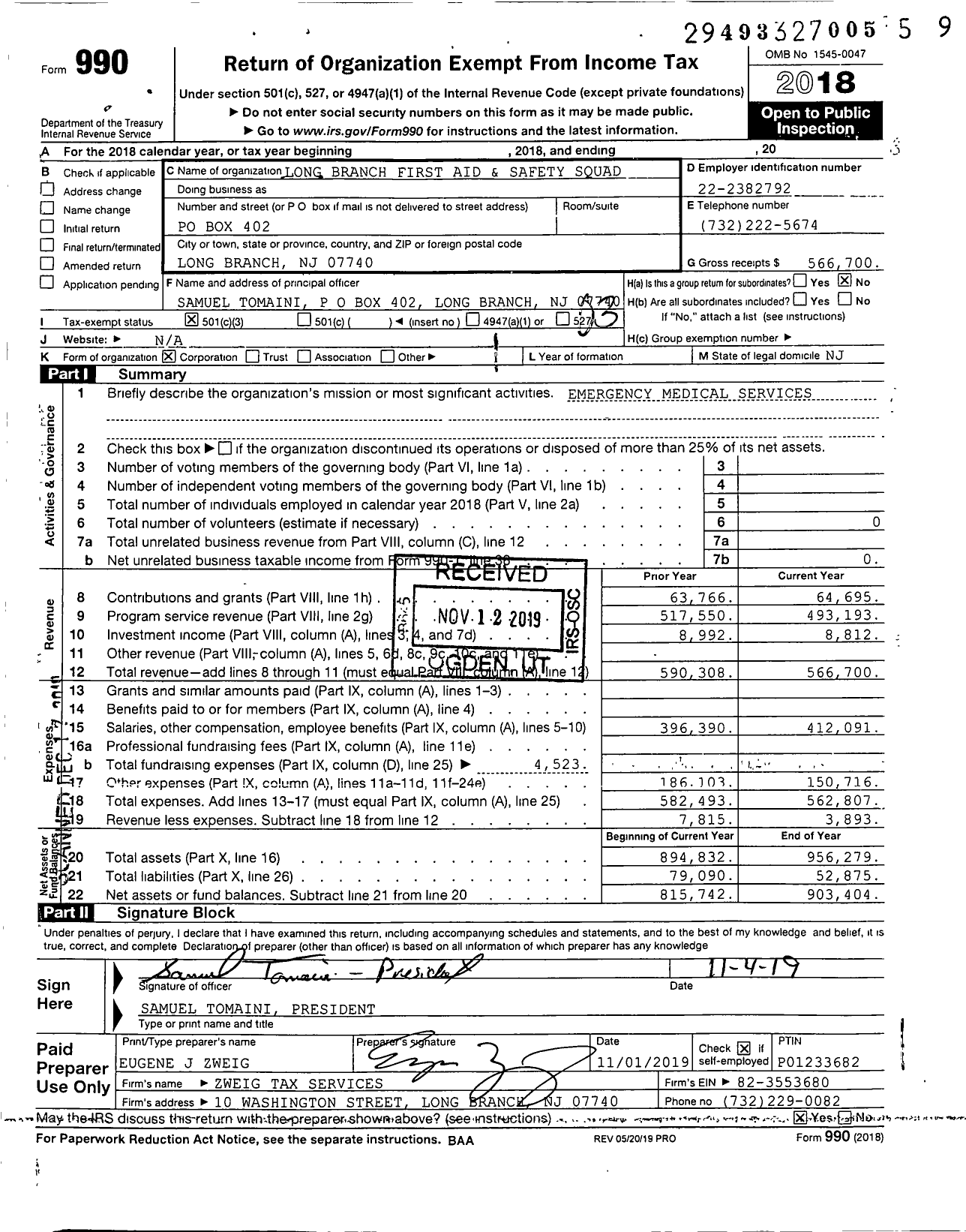 Image of first page of 2018 Form 990 for Long Branch First Aid and Safety Squad