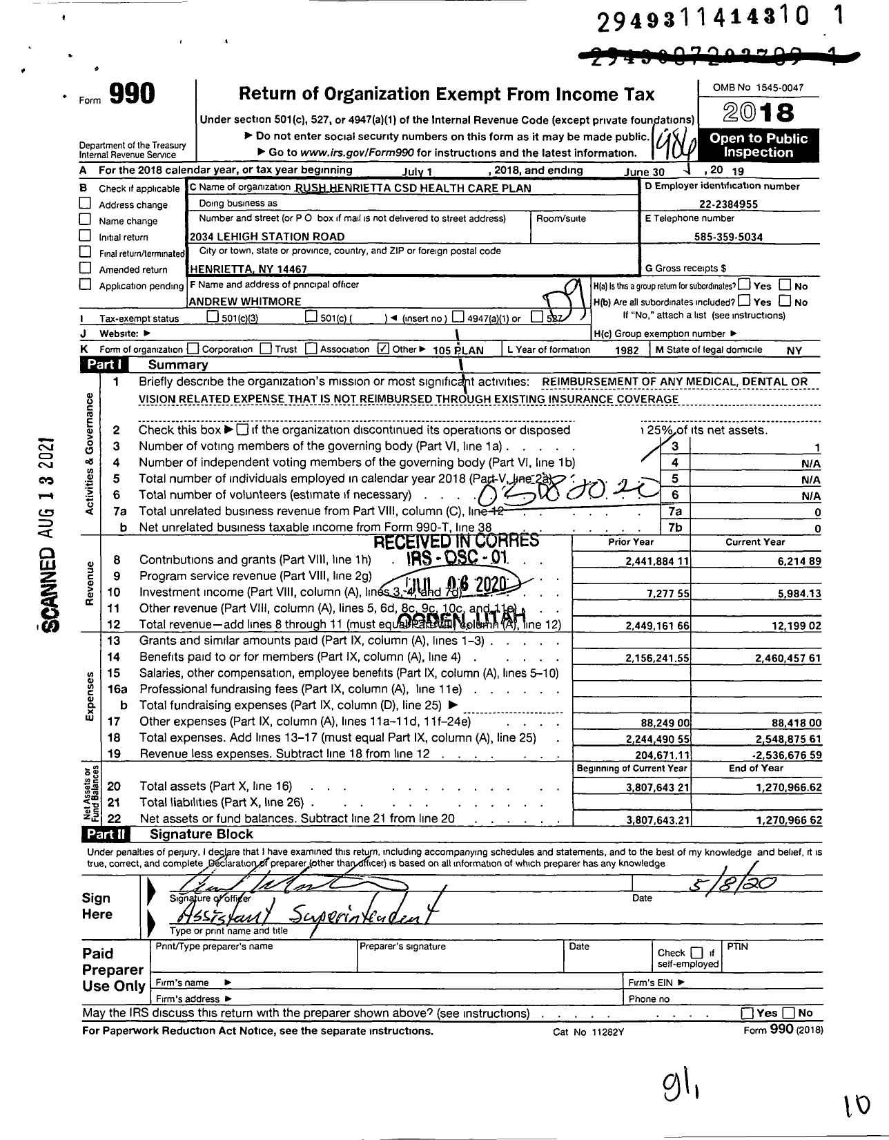 Image of first page of 2018 Form 990O for Rush Henrietta Central School District Health Care Plan