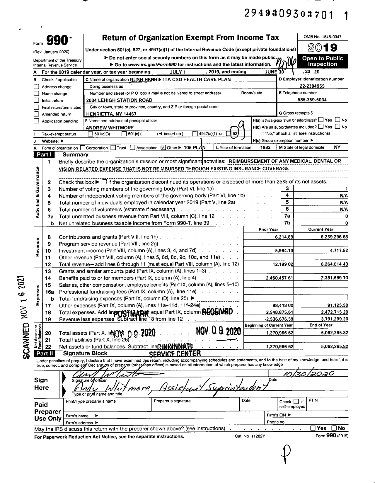 Image of first page of 2019 Form 990O for Rush Henrietta Central School District Health Care Plan