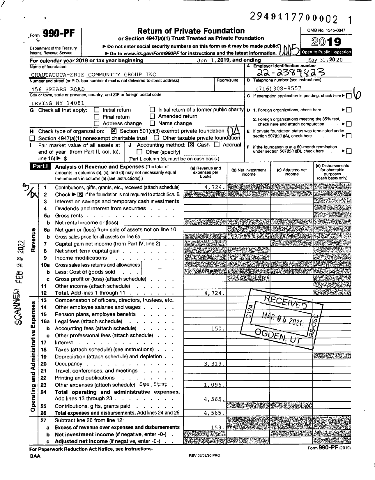 Image of first page of 2019 Form 990PF for Chatauqua-Erie Community Group