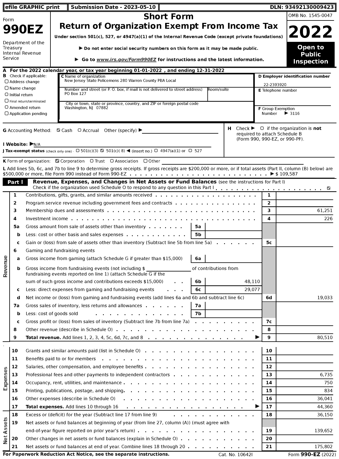 Image of first page of 2022 Form 990EZ for NJ State Patrolmen's Benevolent Association - Warren County Local 280