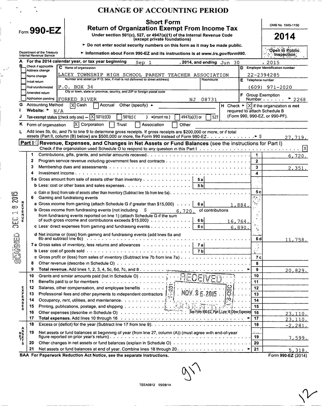 Image of first page of 2014 Form 990EZ for New Jersey PTA - 21228 Lacey TWP H SCH PTA