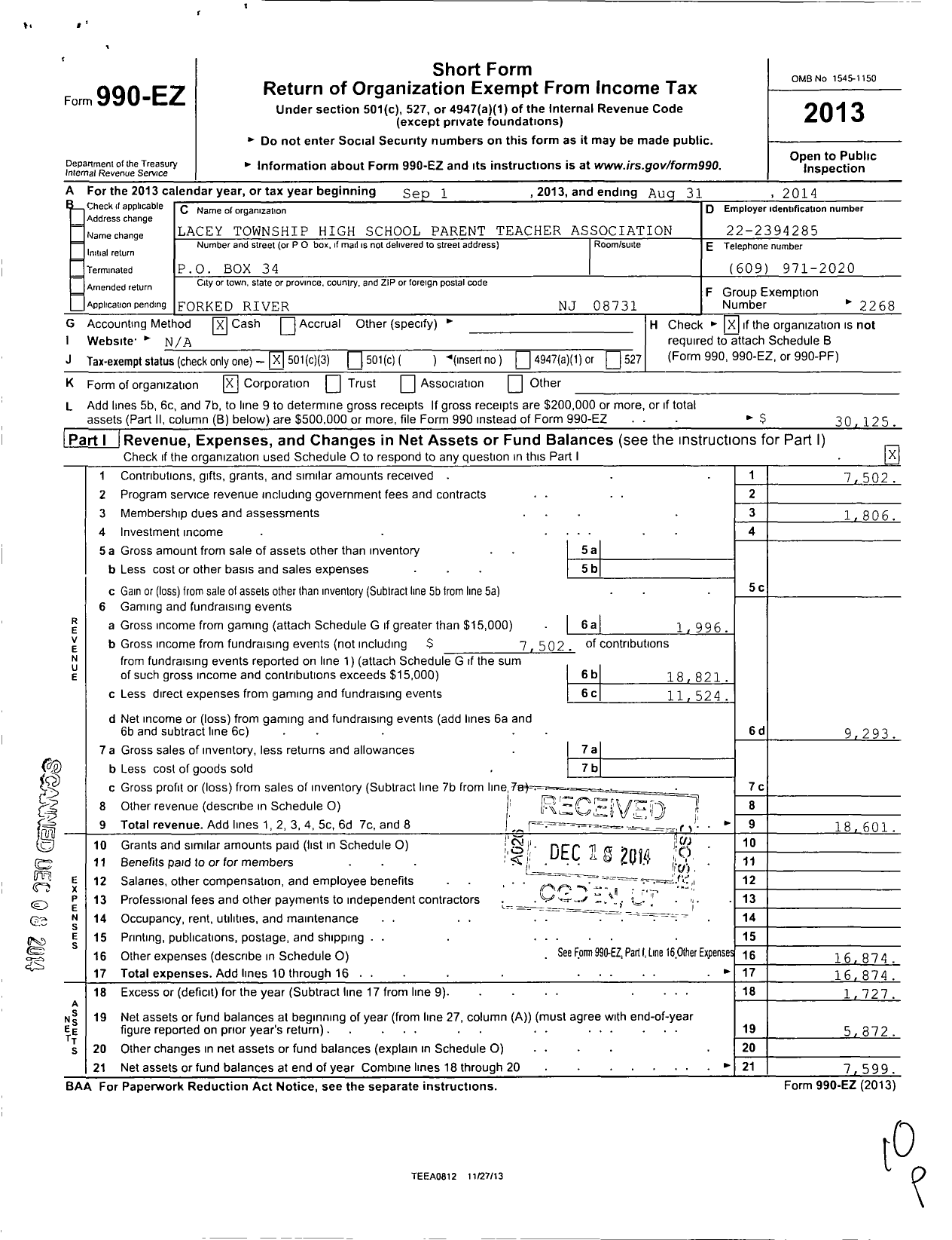 Image of first page of 2013 Form 990EZ for New Jersey PTA - 21228 Lacey TWP H SCH PTA