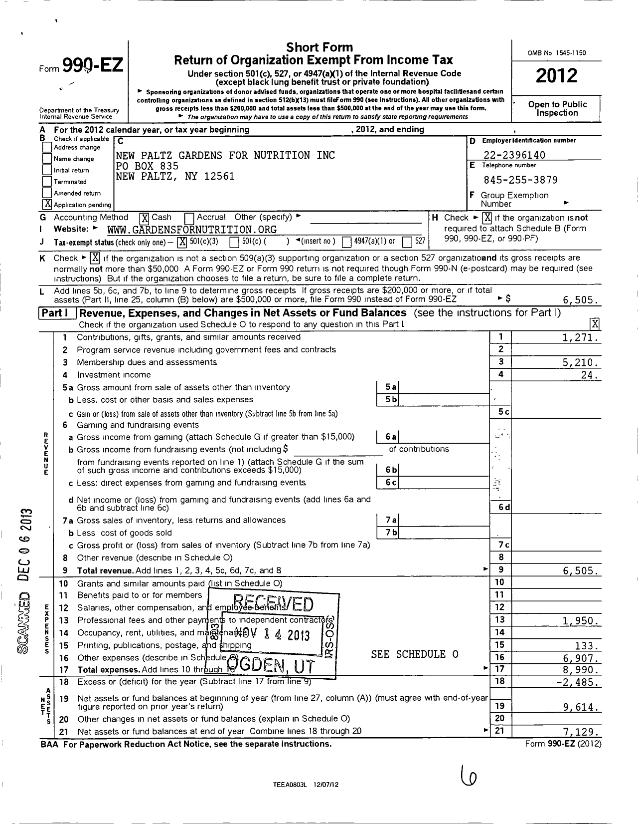 Image of first page of 2012 Form 990EZ for New Paltz Gardens for Nutrition