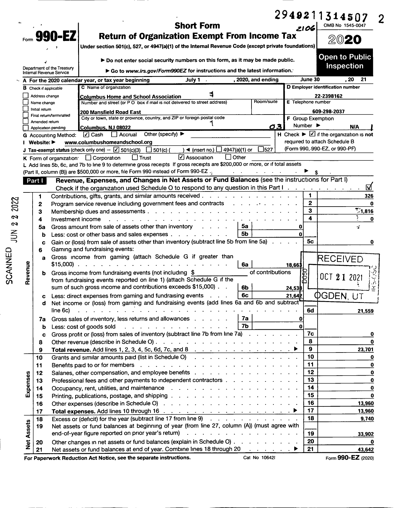 Image of first page of 2020 Form 990EZ for Columbus Home and School Association