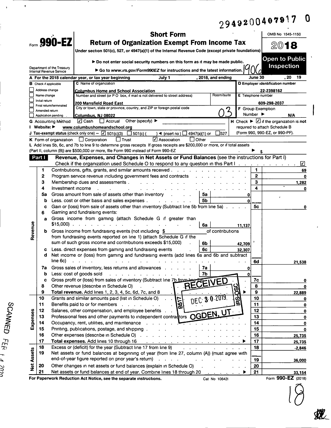 Image of first page of 2018 Form 990EZ for Columbus Home and School Association