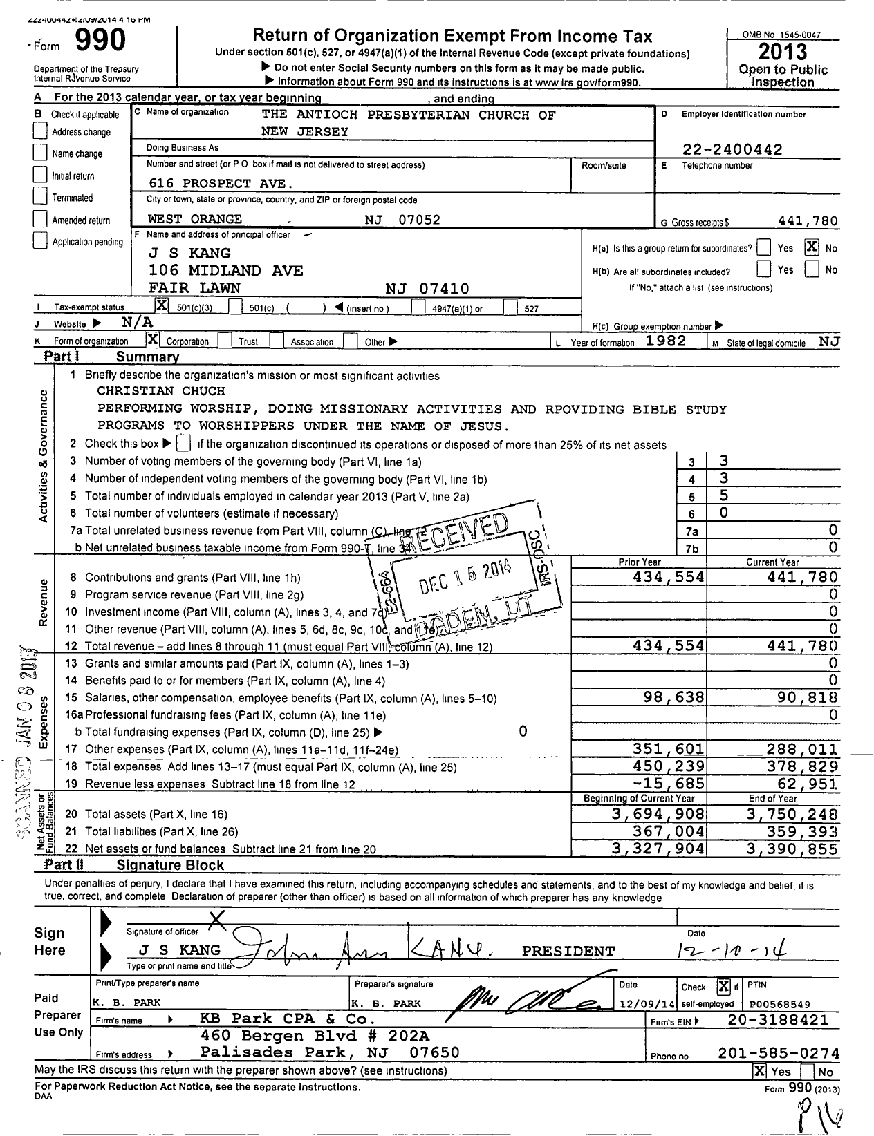 Image of first page of 2013 Form 990 for The Antioch Presbyterian Church of New Jersey