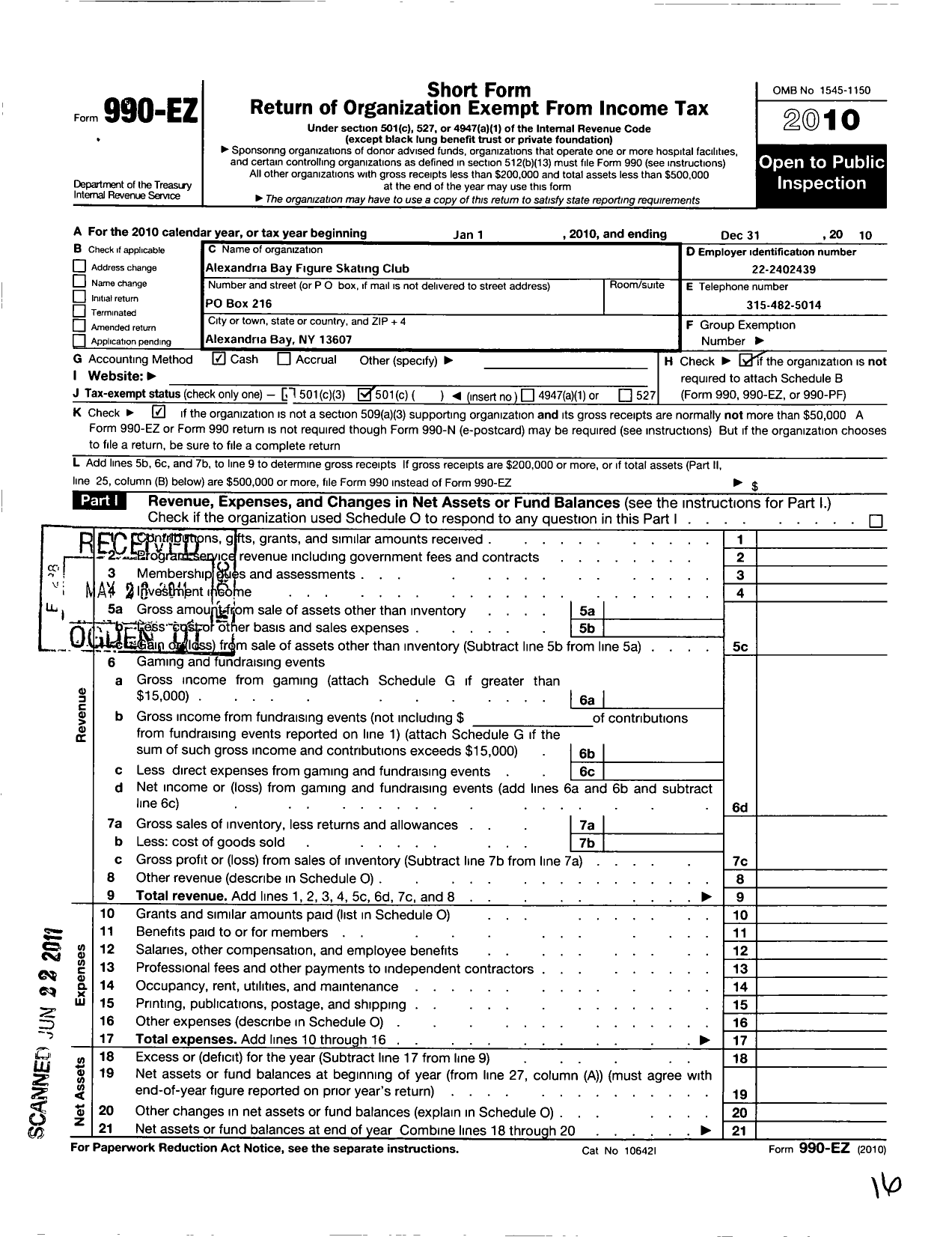 Image of first page of 2010 Form 990EO for Alexandria Bay Figure Skating Club