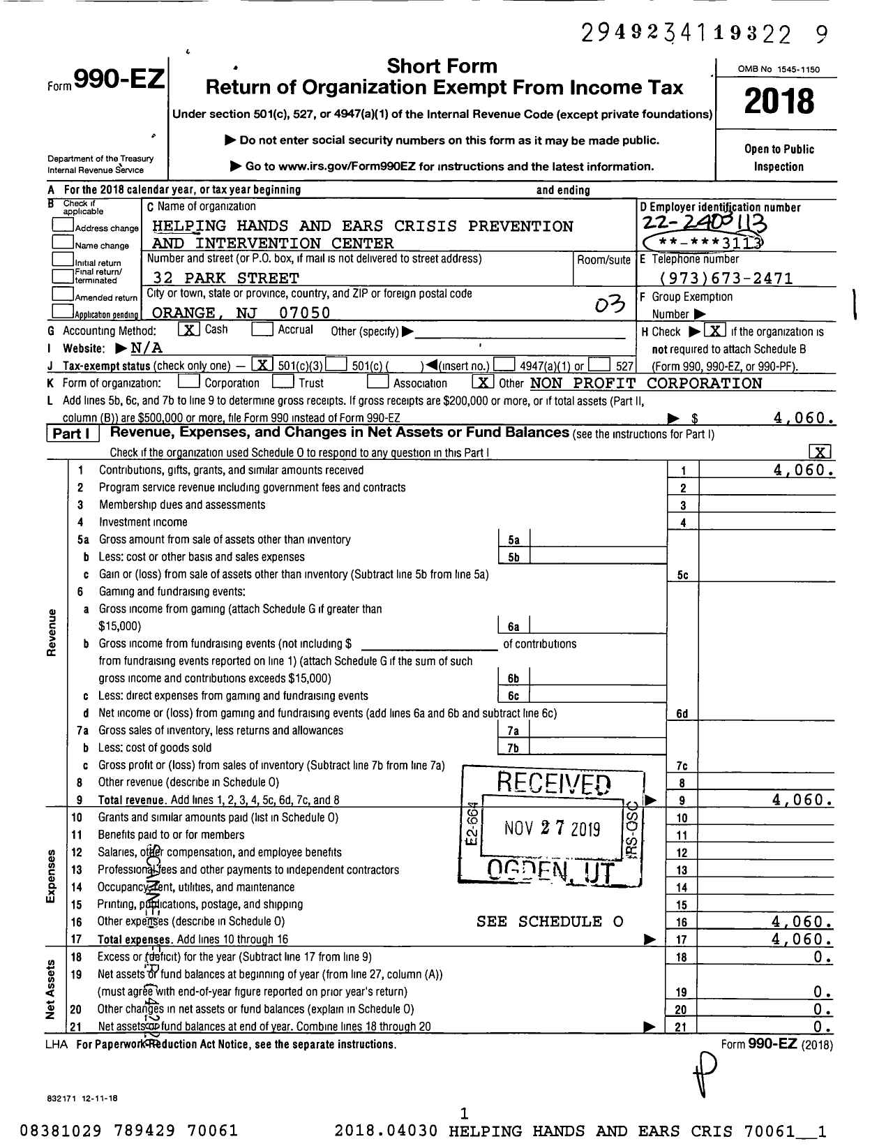 Image of first page of 2018 Form 990EZ for Helping Hands and Ears Crisis Prevention and Intervention Center