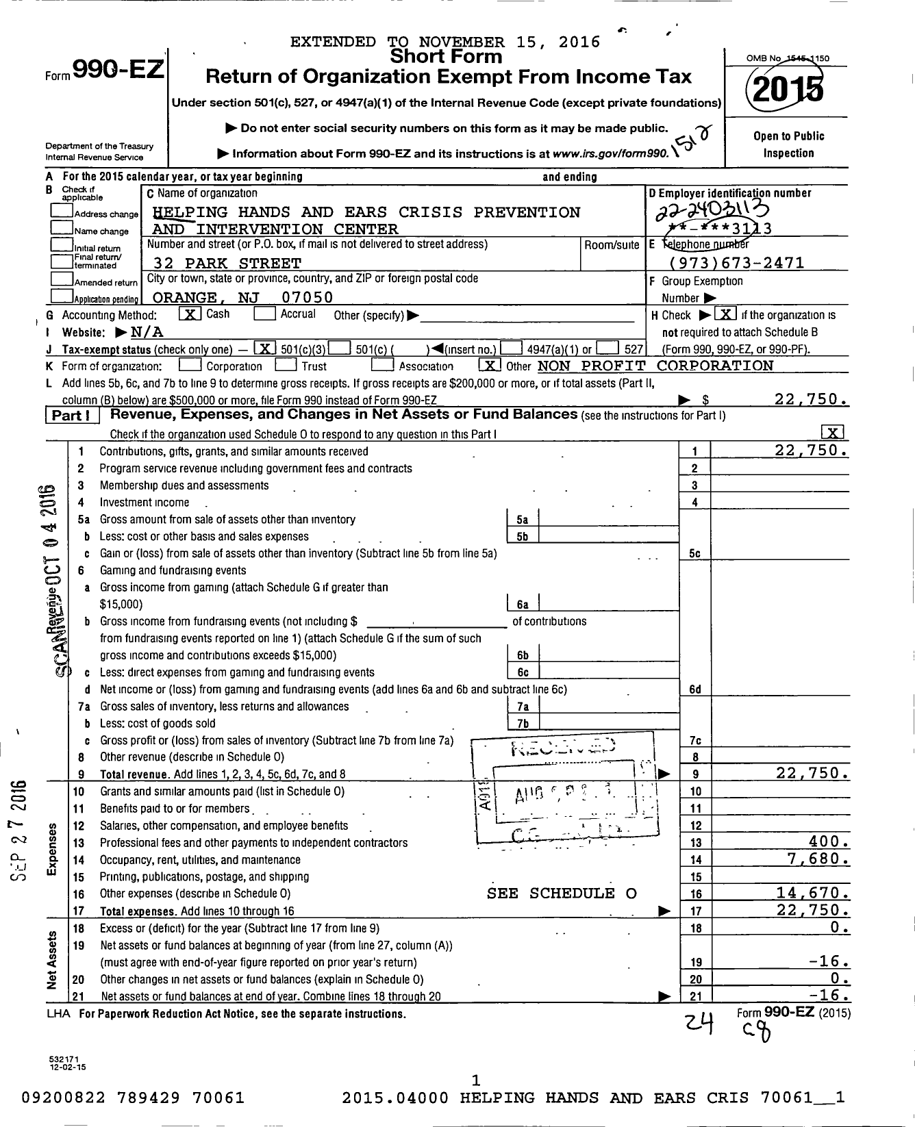 Image of first page of 2015 Form 990EZ for Helping Hands and Ears Crisis Prevention and Intervention Center