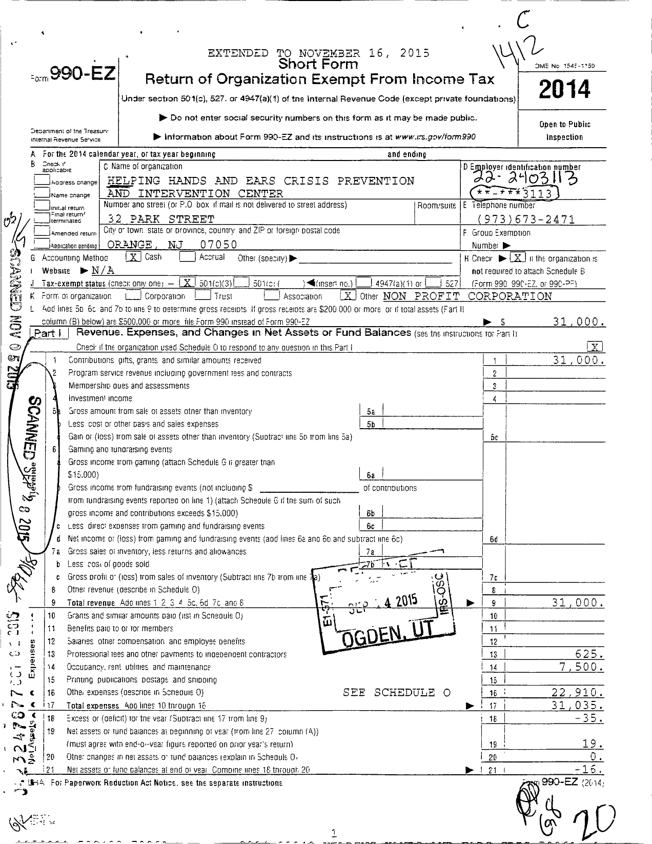 Image of first page of 2014 Form 990EZ for Helping Hands and Ears Crisis Prevention and Intervention Center