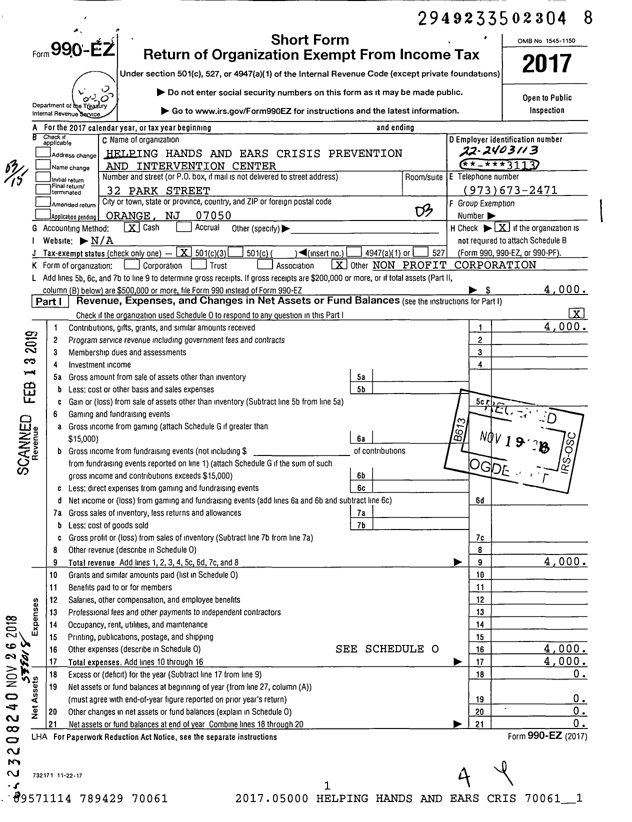 Image of first page of 2017 Form 990EZ for Helping Hands and Ears Crisis Prevention and Intervention Center