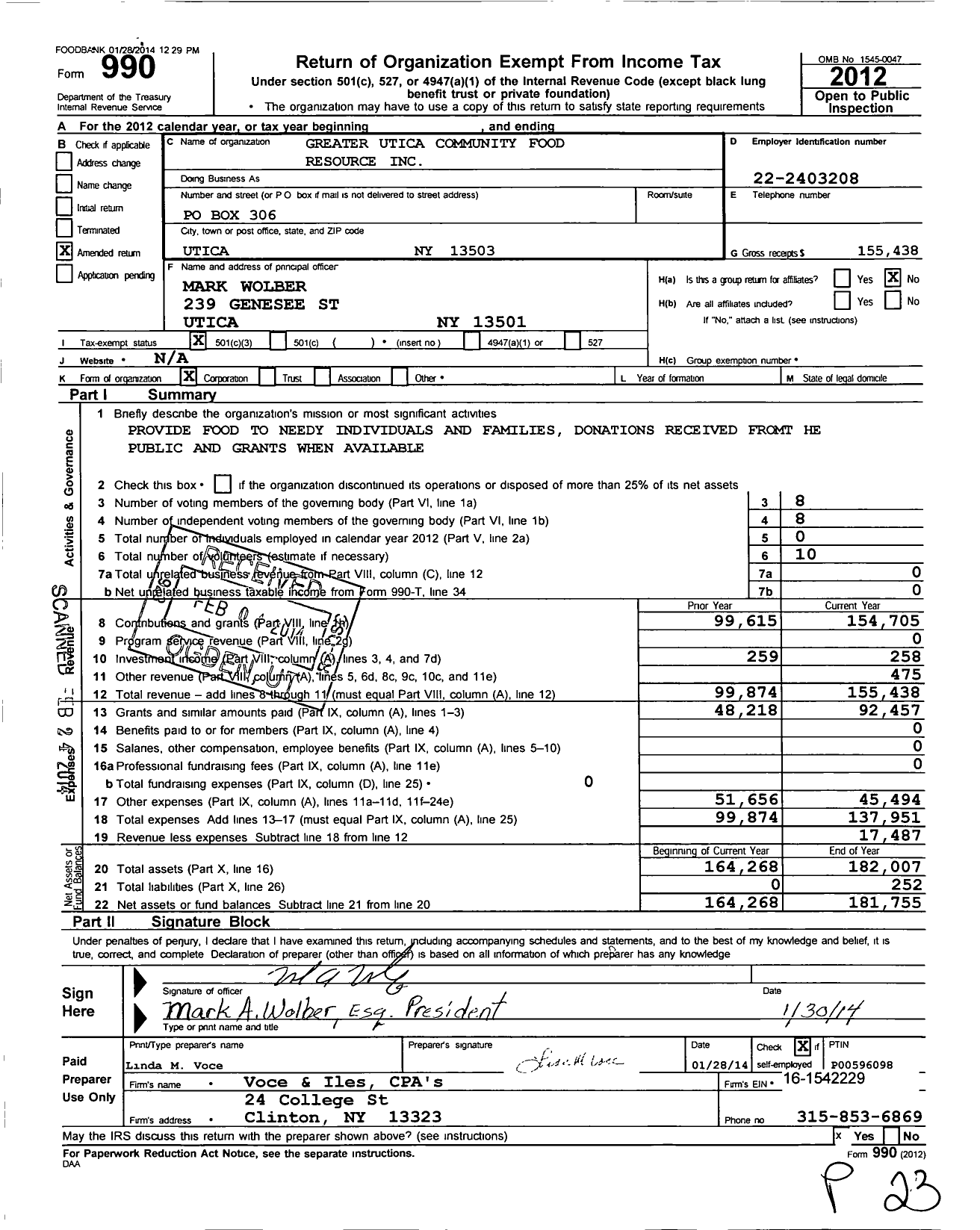 Image of first page of 2012 Form 990 for Community Food Bank / Utica Food Pantry Inc