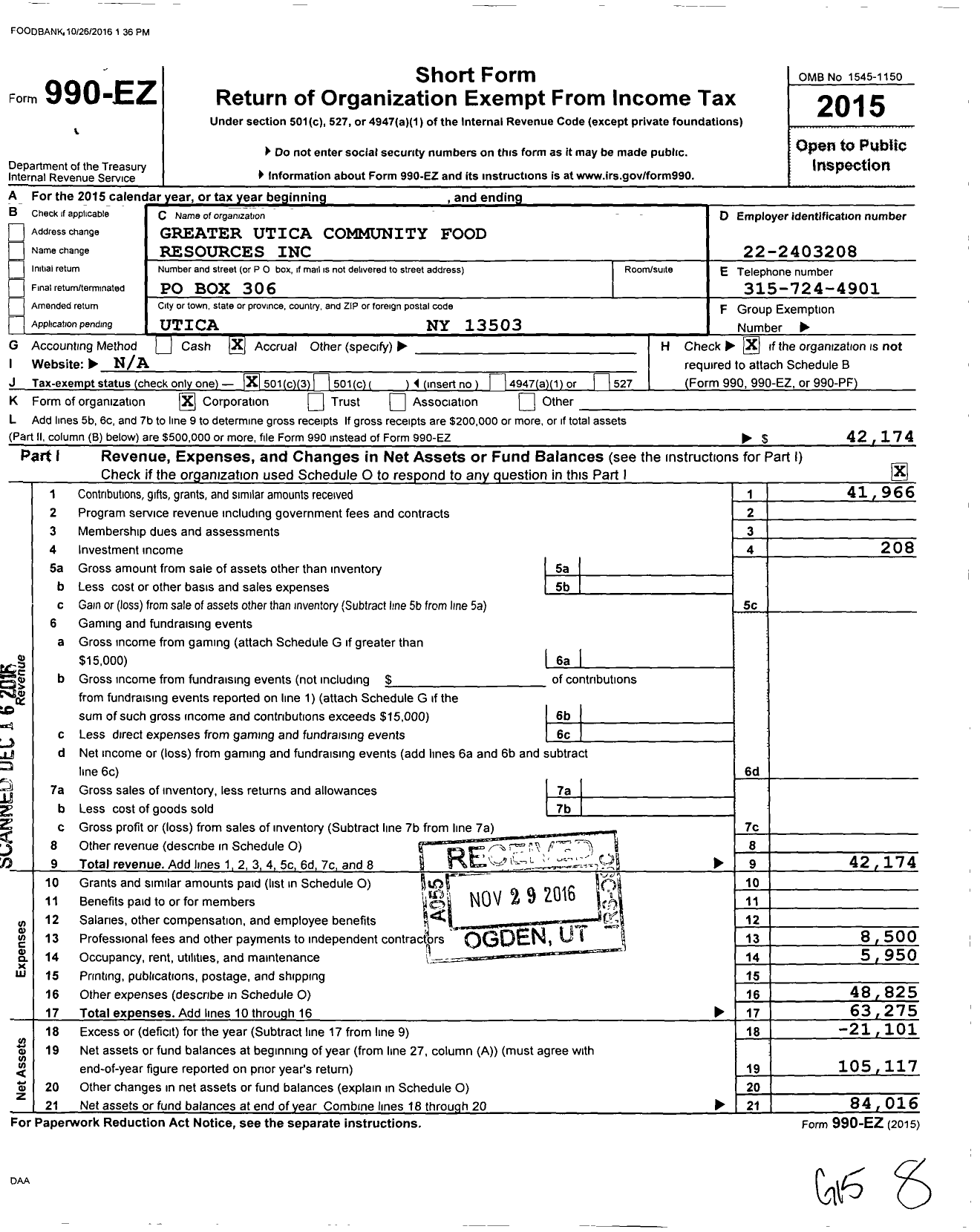 Image of first page of 2015 Form 990EZ for Community Food Bank / Utica Food Pantry Inc