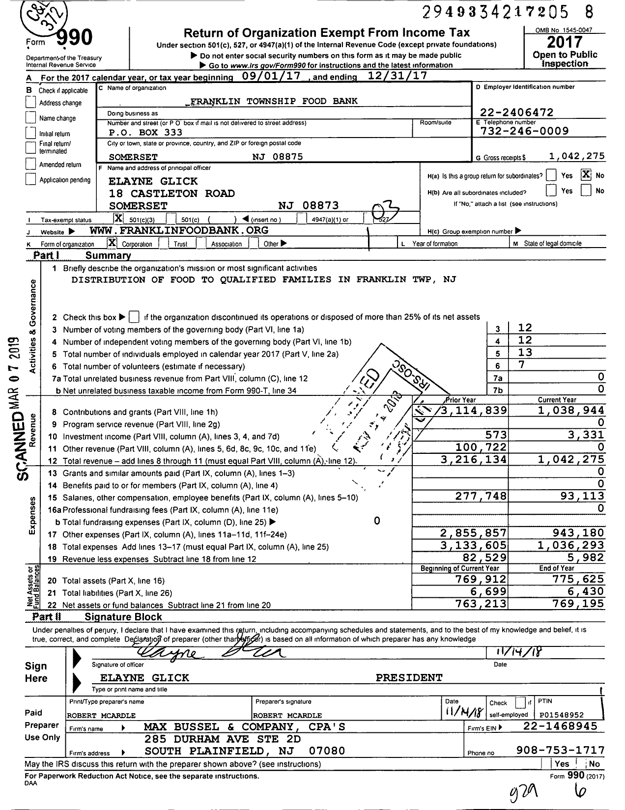 Image of first page of 2017 Form 990 for Franklin Food Bank