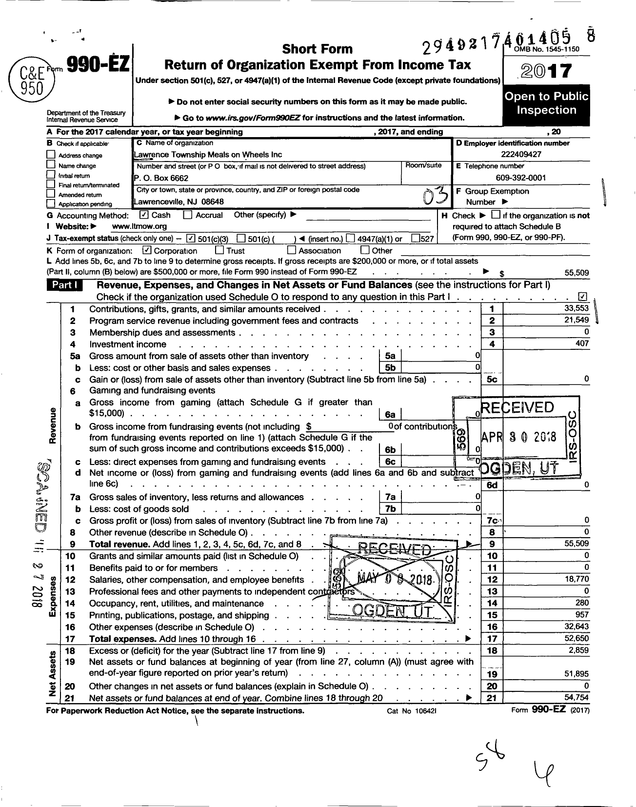 Image of first page of 2017 Form 990EZ for Lawrence Township Meals on Wheels