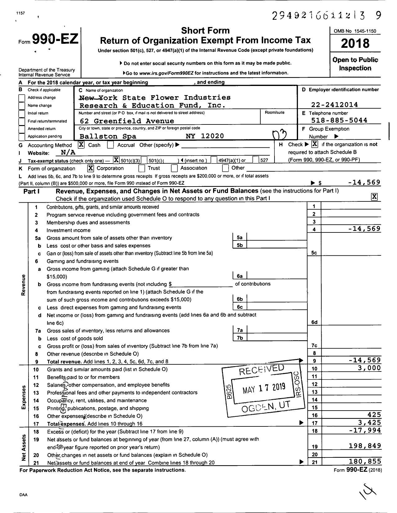 Image of first page of 2018 Form 990EZ for New York State Flower Industries Research and Education Fund