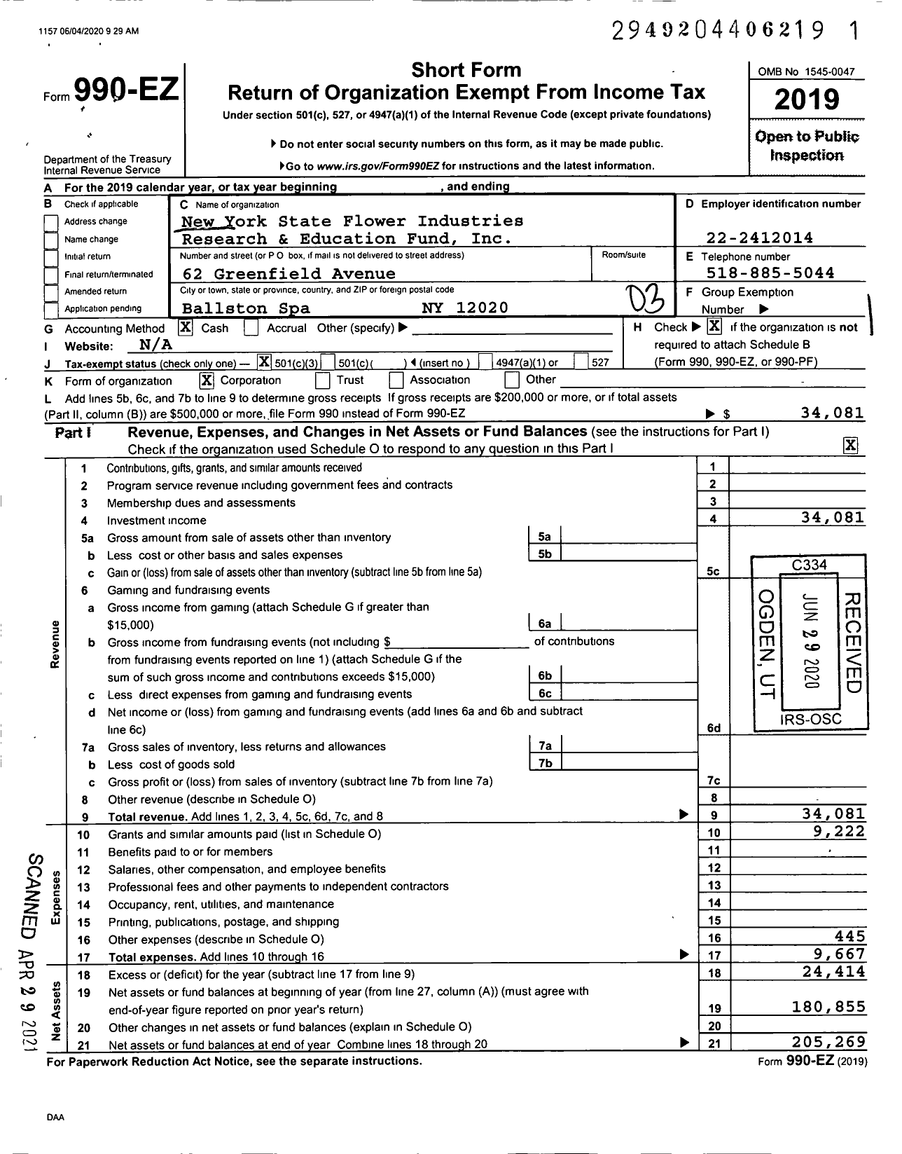 Image of first page of 2019 Form 990EZ for New York State Flower Industries Research and Education Fund