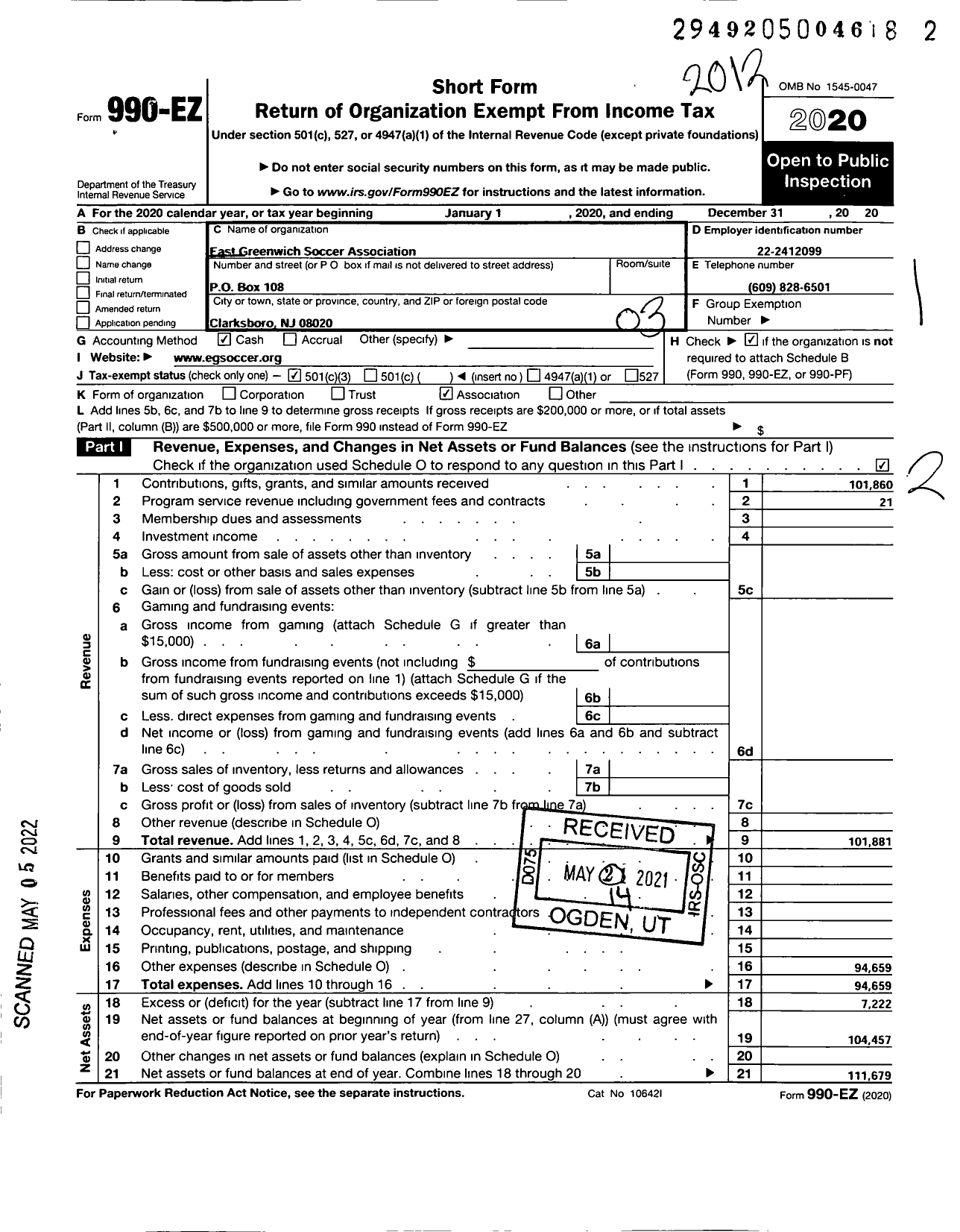 Image of first page of 2020 Form 990EZ for East Greenwich Soccer Association / Michael Demelas