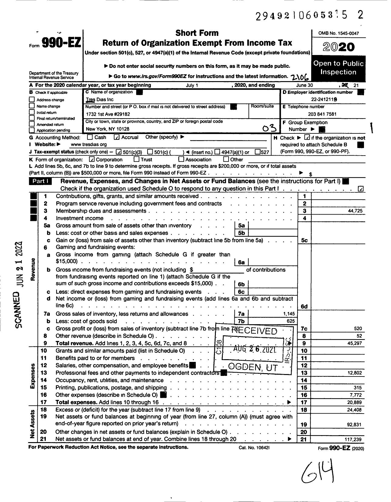 Image of first page of 2020 Form 990EZ for Tres Dias