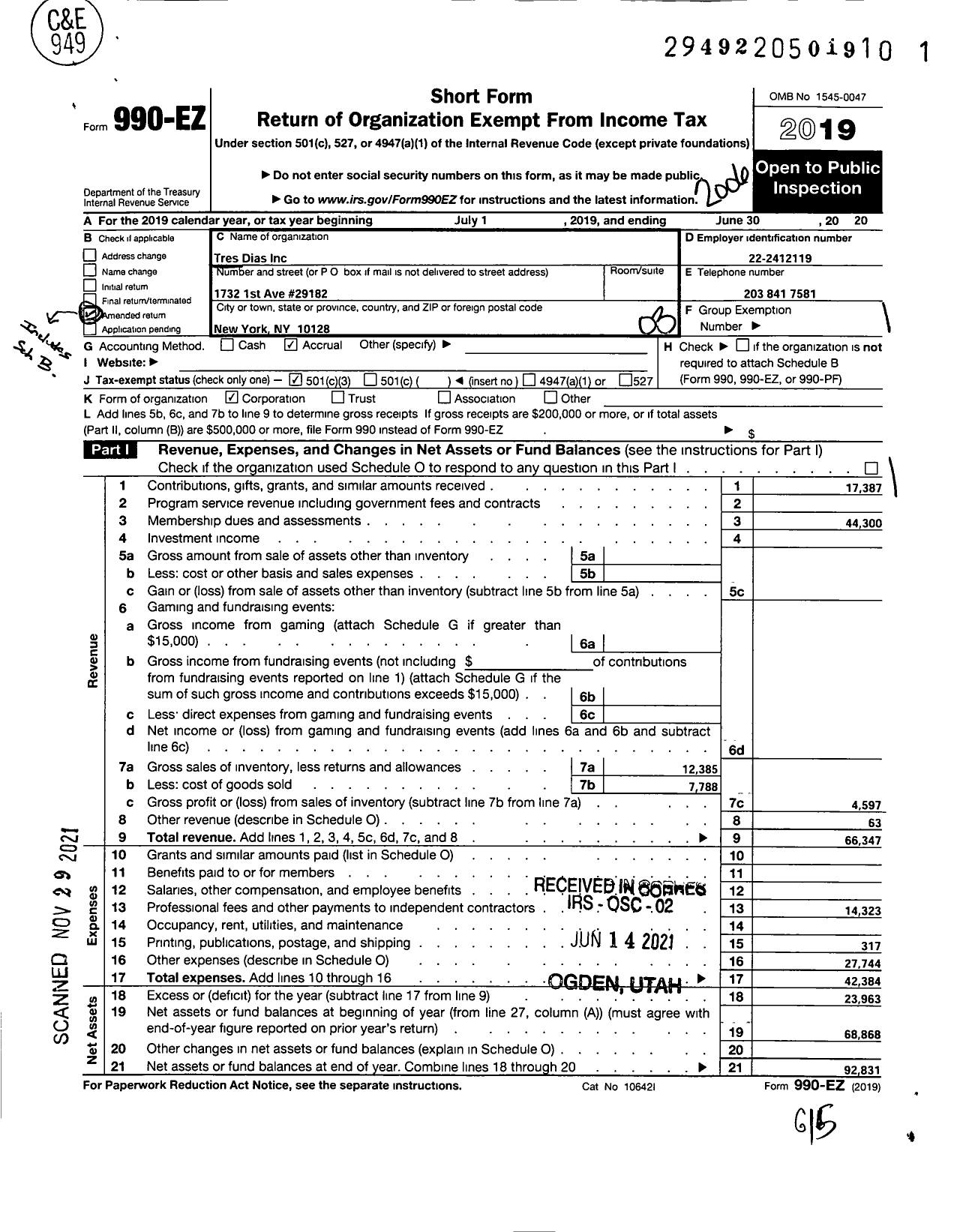 Image of first page of 2019 Form 990EZ for Tres Dias