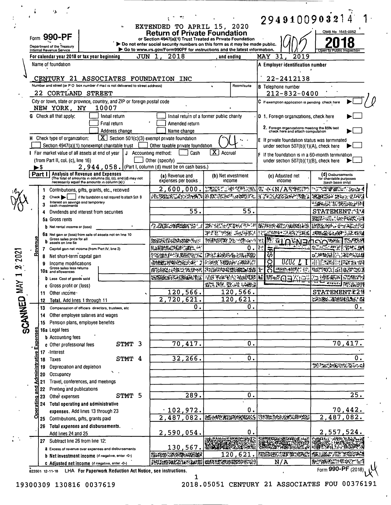 Image of first page of 2018 Form 990PF for Century 21 Associates Foundation