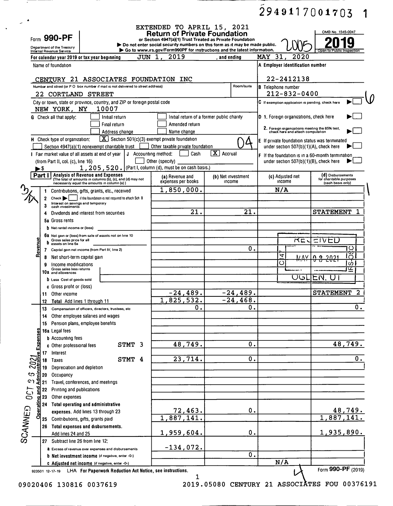 Image of first page of 2019 Form 990PF for Century 21 Associates Foundation