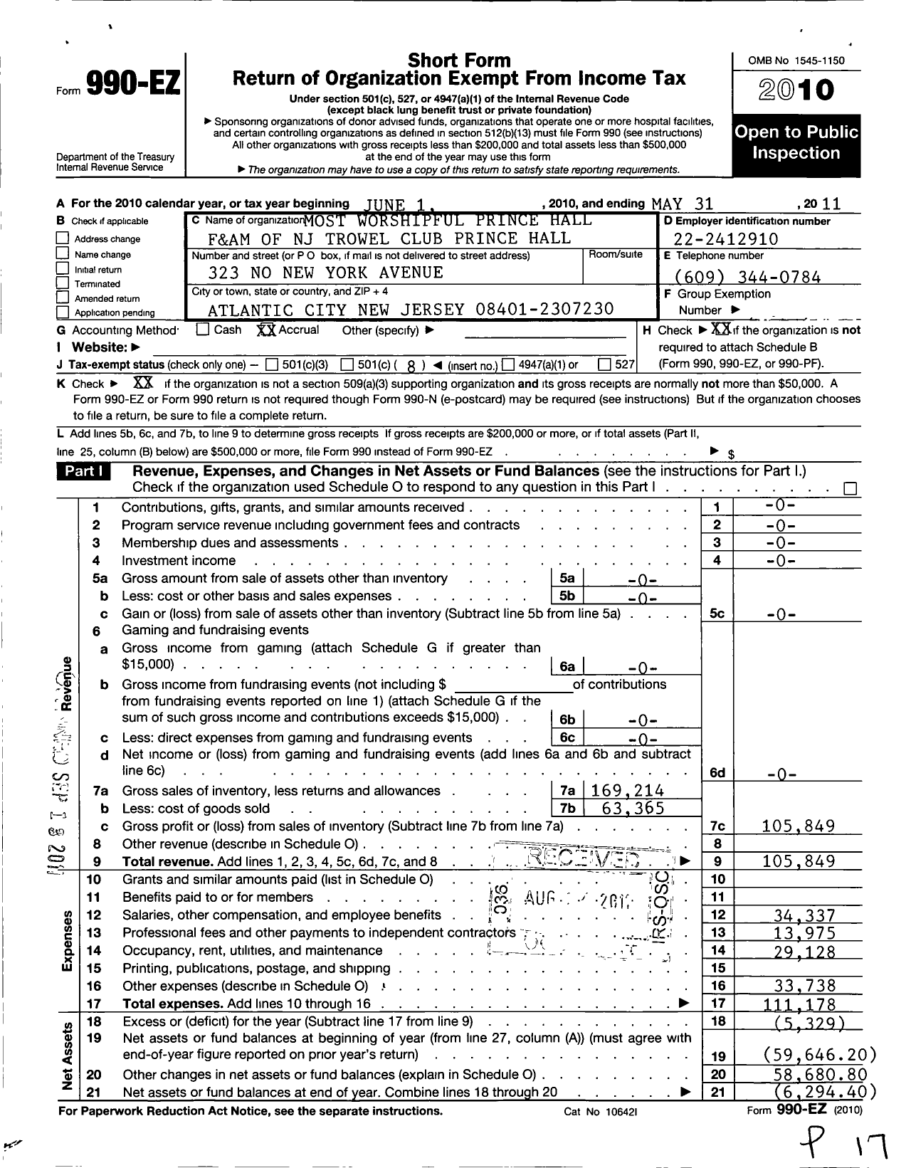 Image of first page of 2010 Form 990EO for Most Worshipful Prince Hall F and Am of New Jersey - Prince Hall Lodge H 27