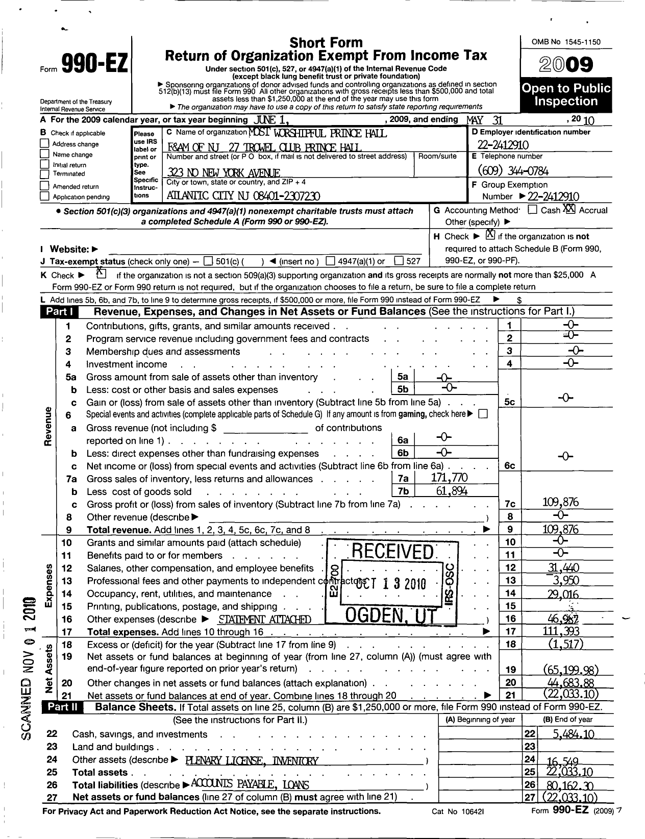 Image of first page of 2009 Form 990EO for Most Worshipful Prince Hall F and Am of New Jersey - Prince Hall Lodge H 27