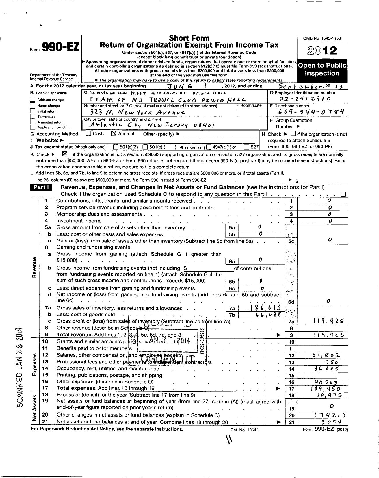 Image of first page of 2012 Form 990EO for Most Worshipful Prince Hall F and Am of New Jersey - Prince Hall Lodge H 27