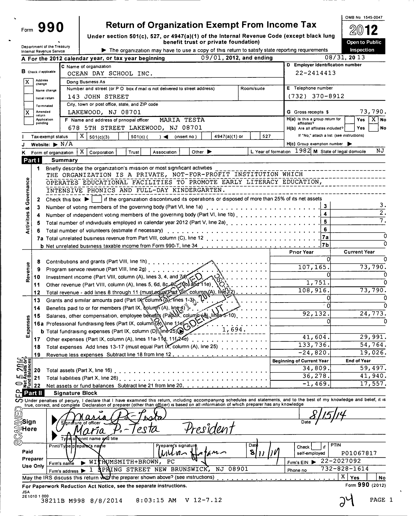 Image of first page of 2012 Form 990 for Ocean Day School