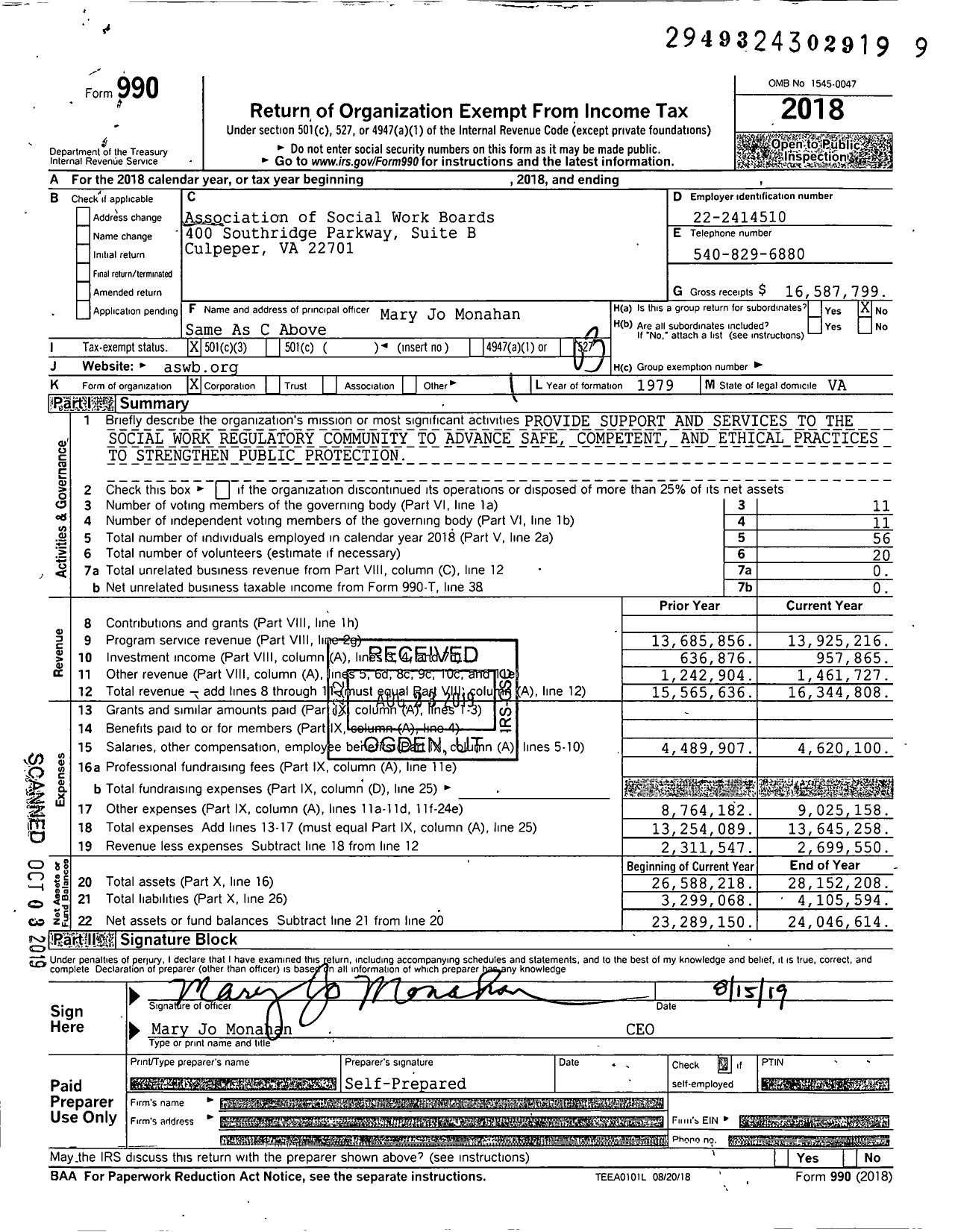 Image of first page of 2018 Form 990 for Association of Social Work Boards