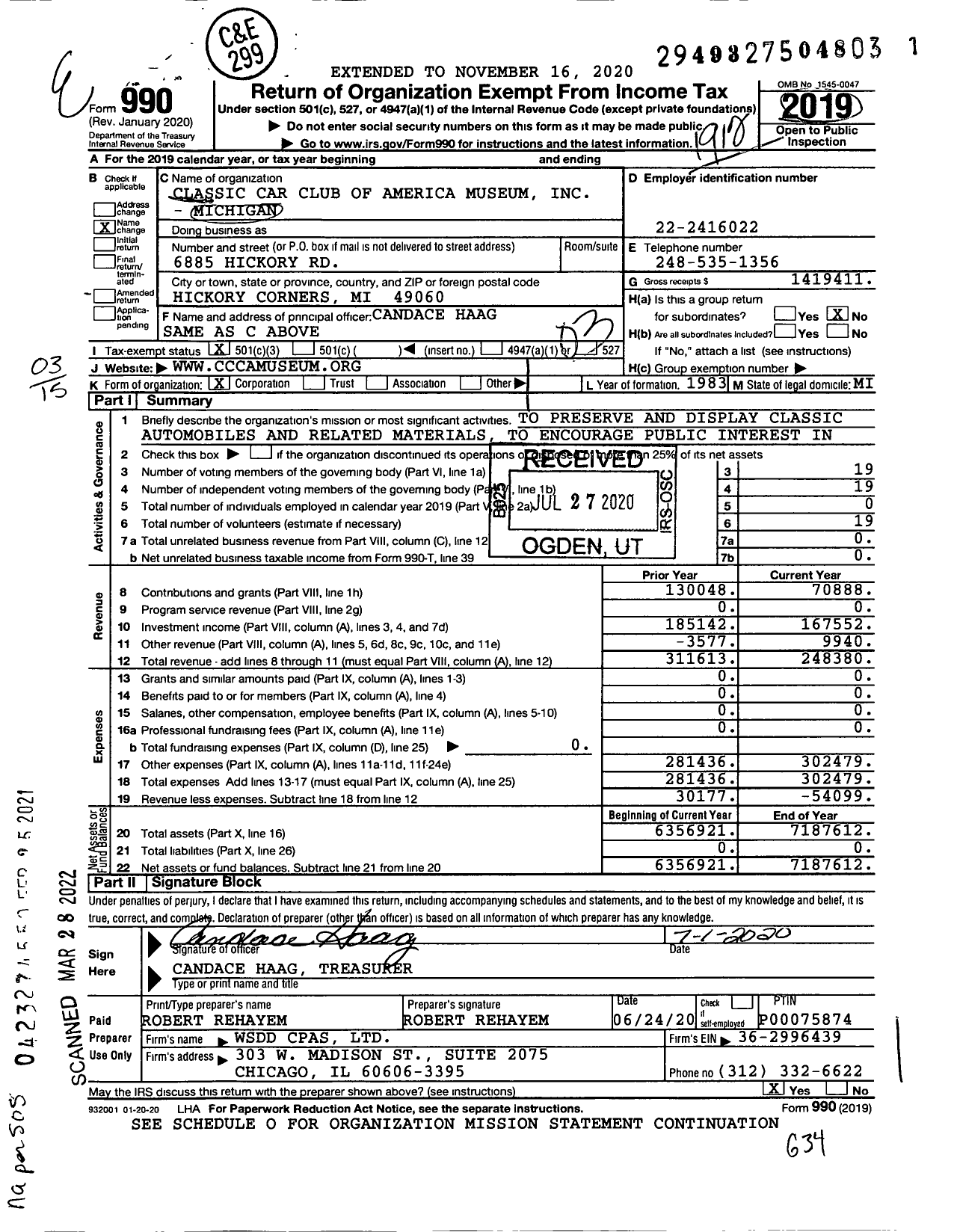 Image of first page of 2019 Form 990 for Classic Car Club of America Museum