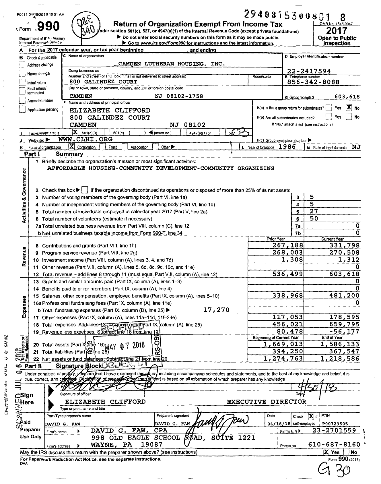 Image of first page of 2017 Form 990 for Camden Lutheran Housing